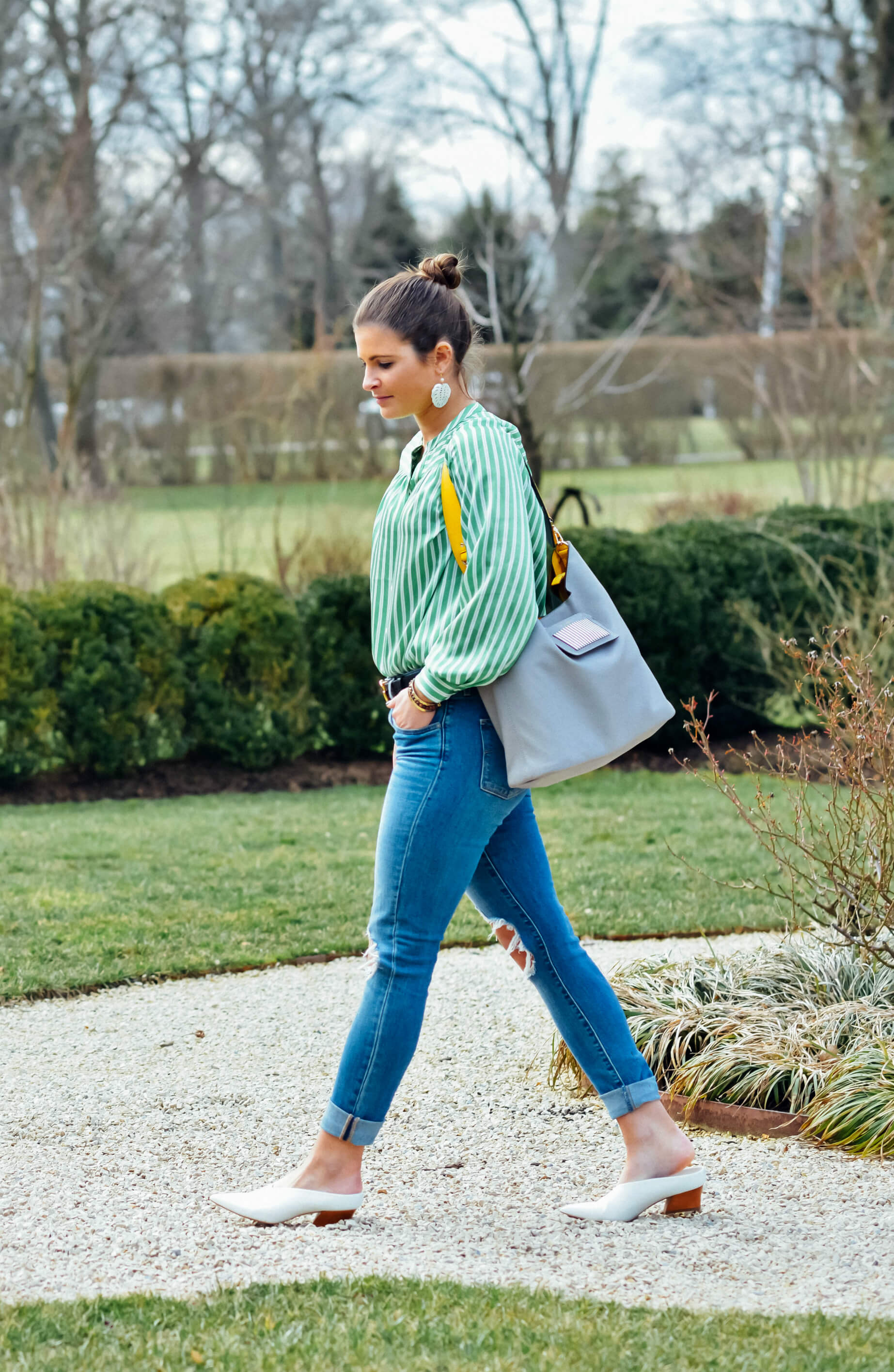 Green Striped Blouse, Henri Bendel Influencer Hobo Bag, White Mules, Spring Outfit, Tilden of To Be Bright