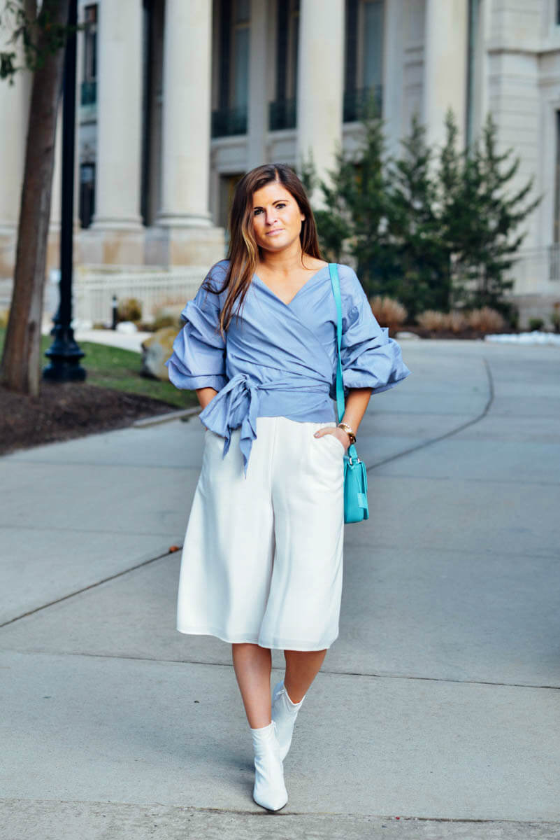Blue Wrap Ruffle Sleeve Blouse, Wide Leg Trousers, White Boots, Easter Outfit, Tilden of To Be Bright