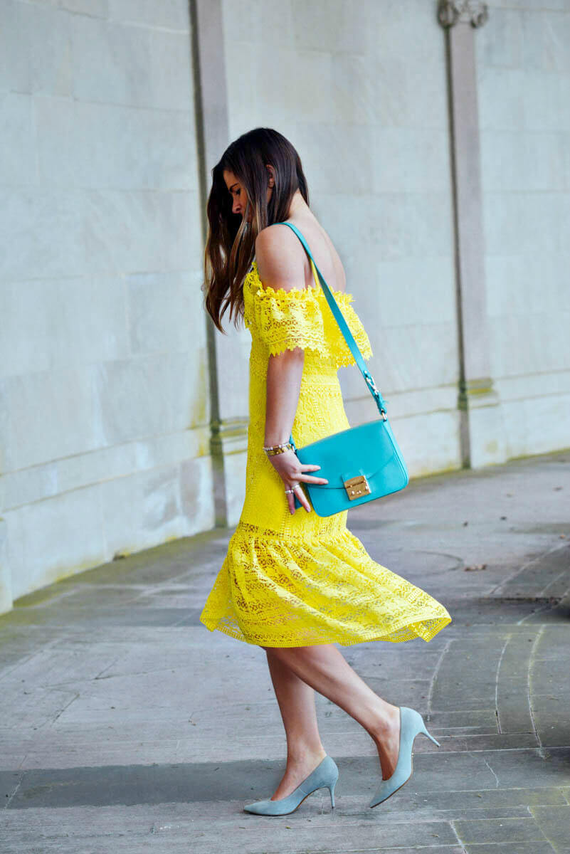 Three Floor Yellow Lace Midi Dress, Furla Metropolis Blue Bag, Easter Outfit, Spring Style, Tilden of To Be Bright