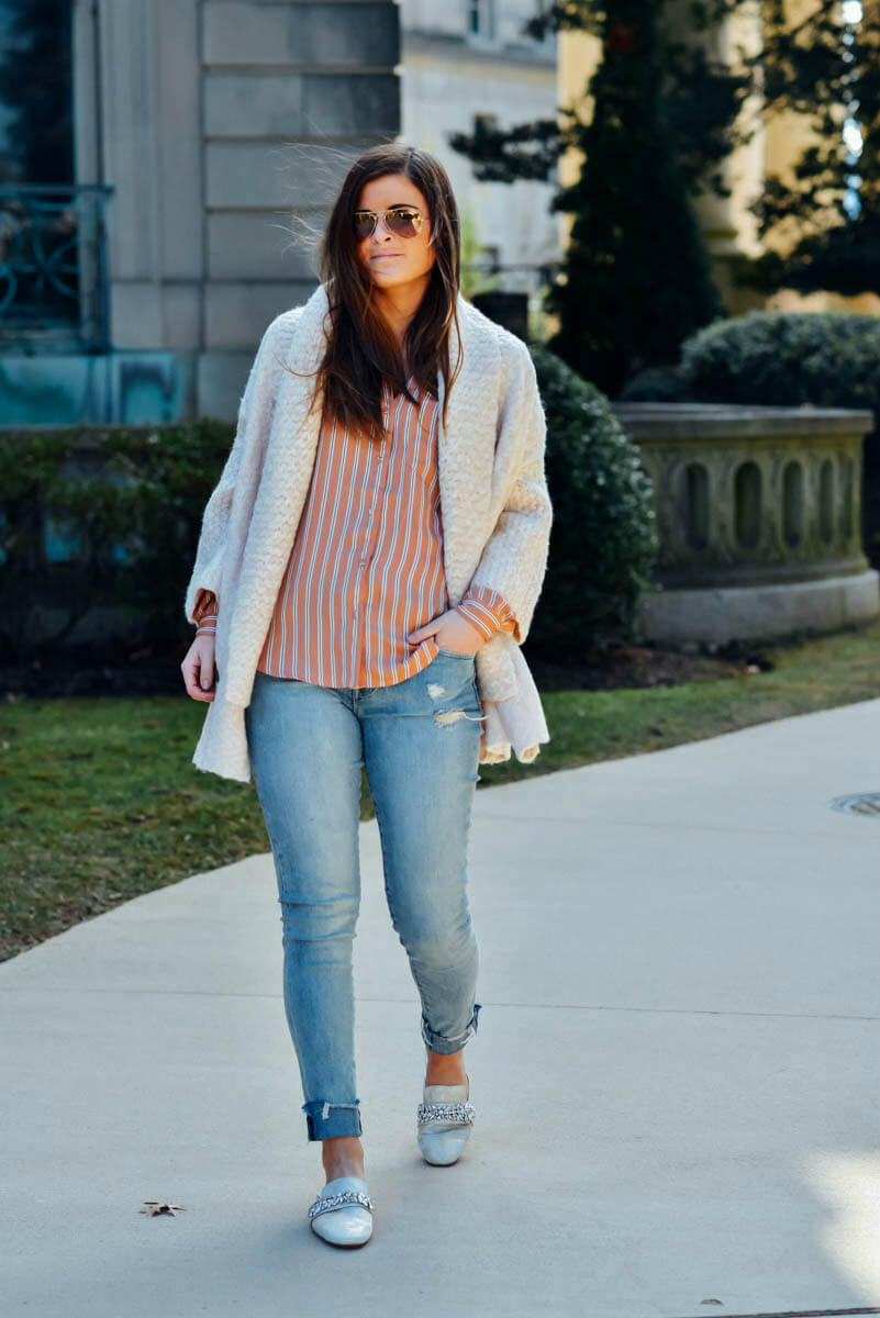 Sole Society Oversized Cardigan, J Brand Jeans, L'Academie Striped Top, Spring Outfit, Cozy Layers, Tilden of To Be Bright