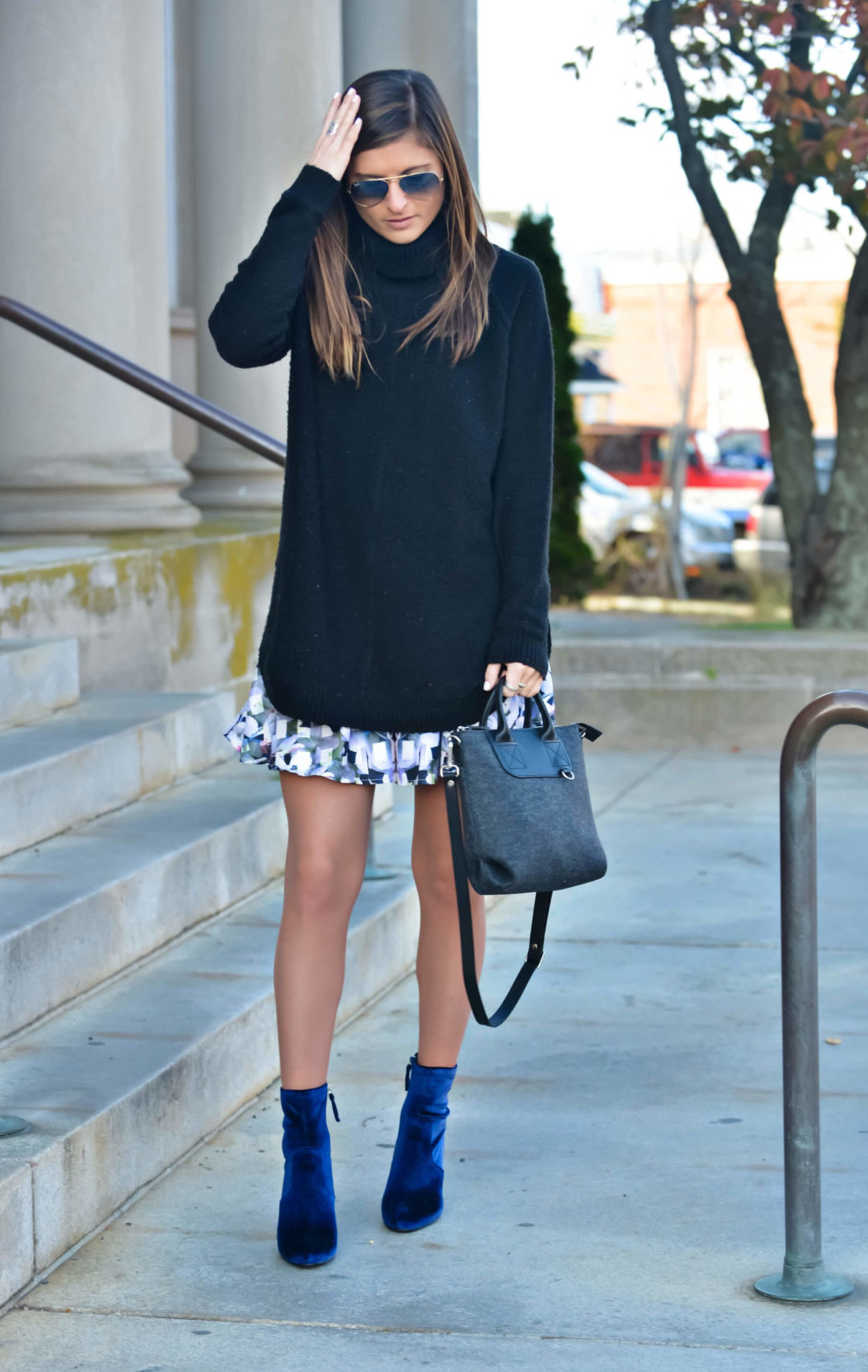 blue velvet booties outfit