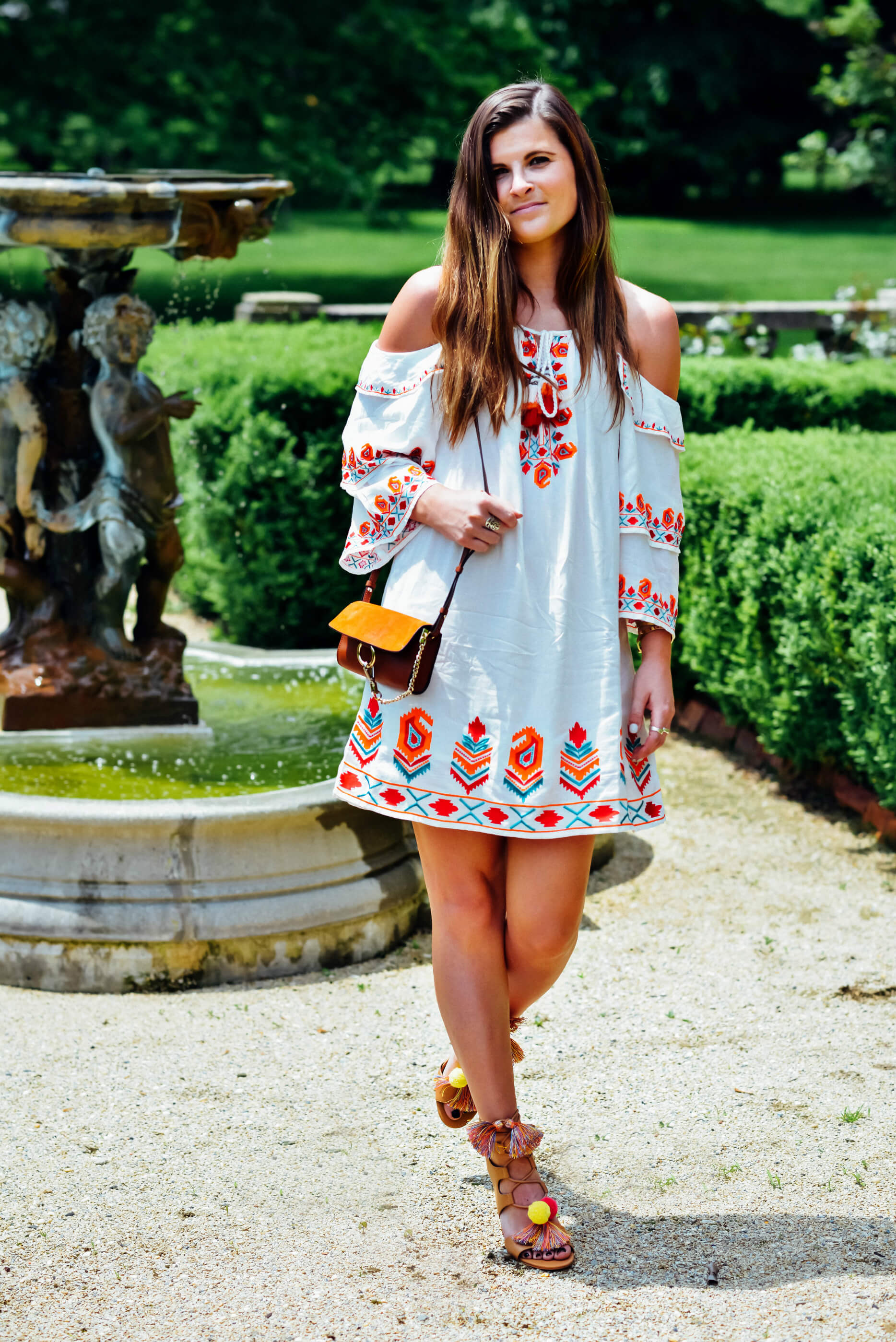 Tolani Embroidered Dress, Chloe Faye Mini Bag, Rebecca Minkoff Tassel Sandals, Summer Style, Tilden of To Be Bright