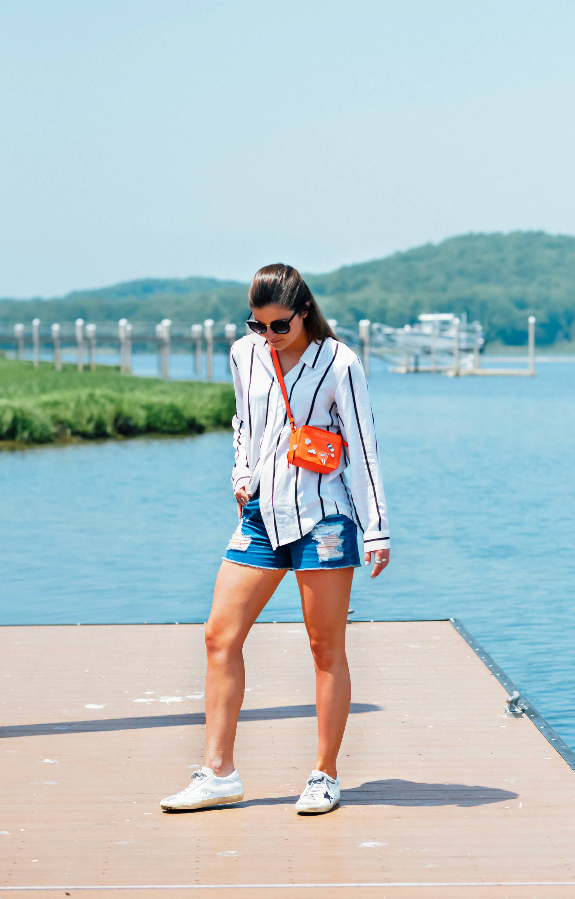 Striped Top, Denim Shorts, Henri Bendel Influencer Red Bag, Golden Goose Sneakers, Summer Go-To Outfit Combo, Tilden of To Be Bright