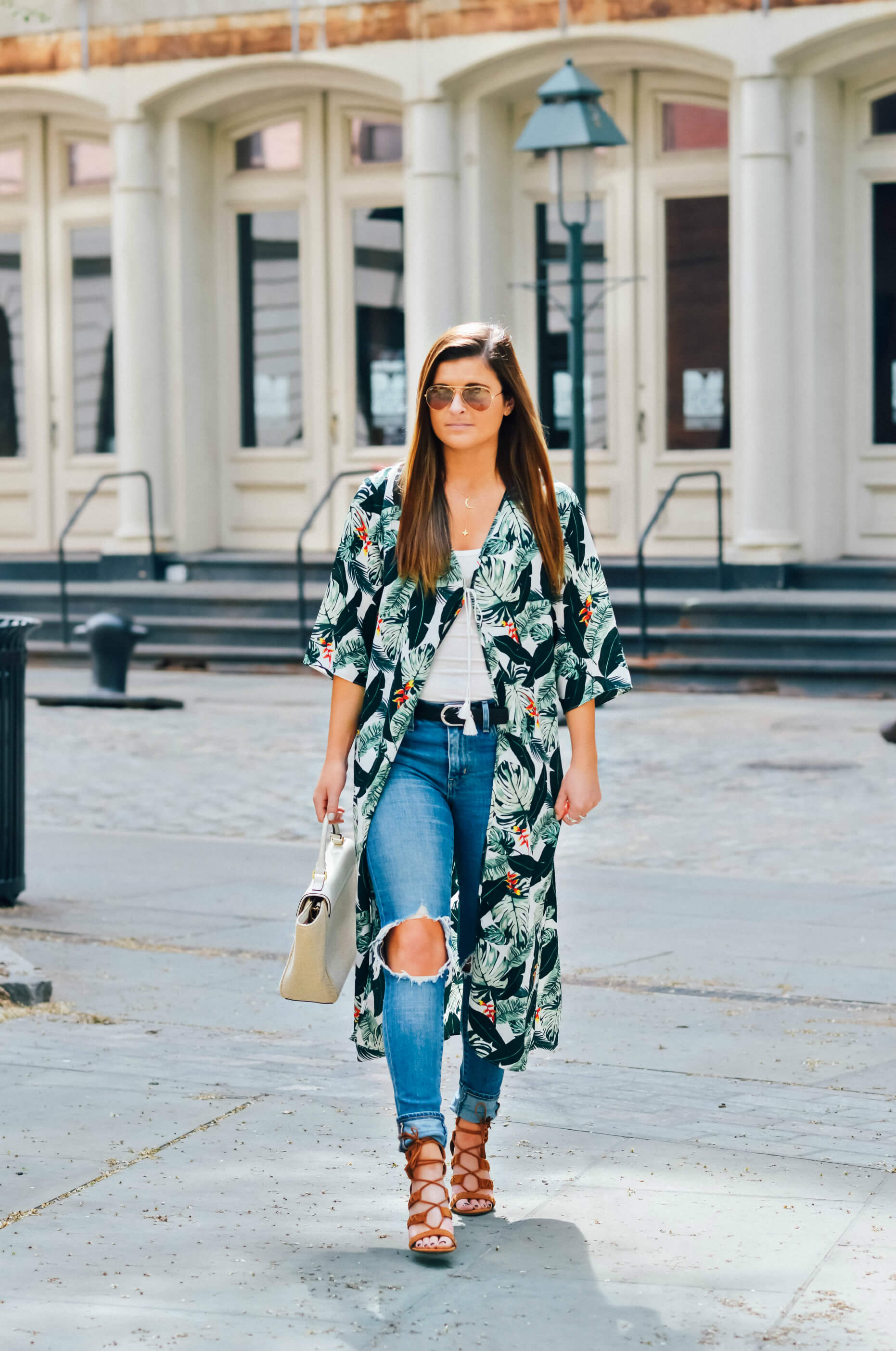 Rachel Zoe Collection Palm Print Duster, Kate Spade Straw Bag, Levi's 721 High Rise Skinny Denim, Spring Style, Tilden of To Be Bright
