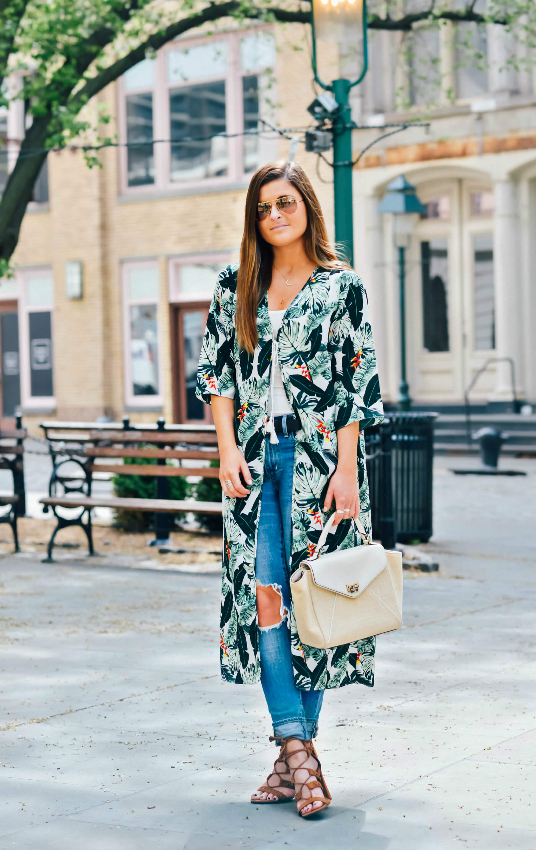 Rachel Zoe Collection Palm Print Duster, Kate Spade Straw Bag, Levi's 721 High Rise Skinny Denim, Lili Claspe Rope The Moon Necklace, Spring Style, Tilden of To Be Bright