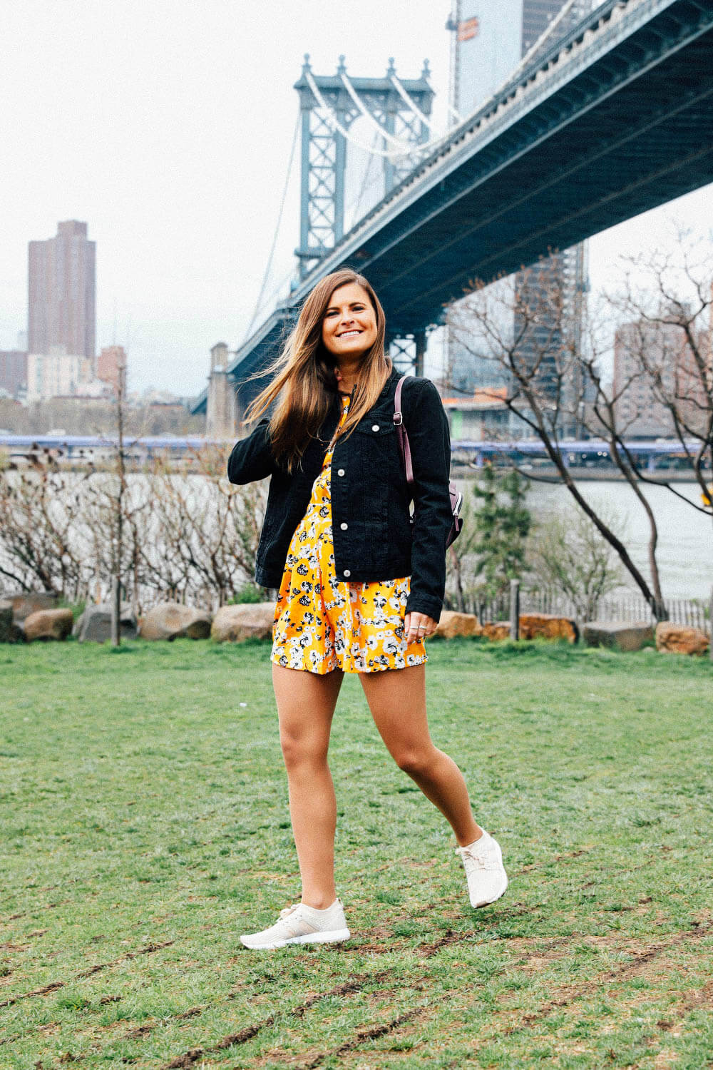 Primark, Black Denim Jacket, Yellow Floral Romper, Knit Sneakers, Brooklyn NY, Tilden of To Be Bright