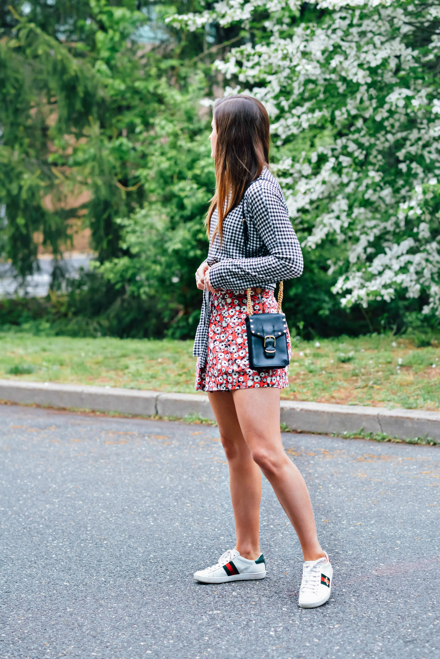 Gingham Top, Floral Print Skort Skirt, Gucci Ace Sneakers, Rebecca Minkoff Biker Bag, Memorial Day Outfit, Tilden of To Be Bright
