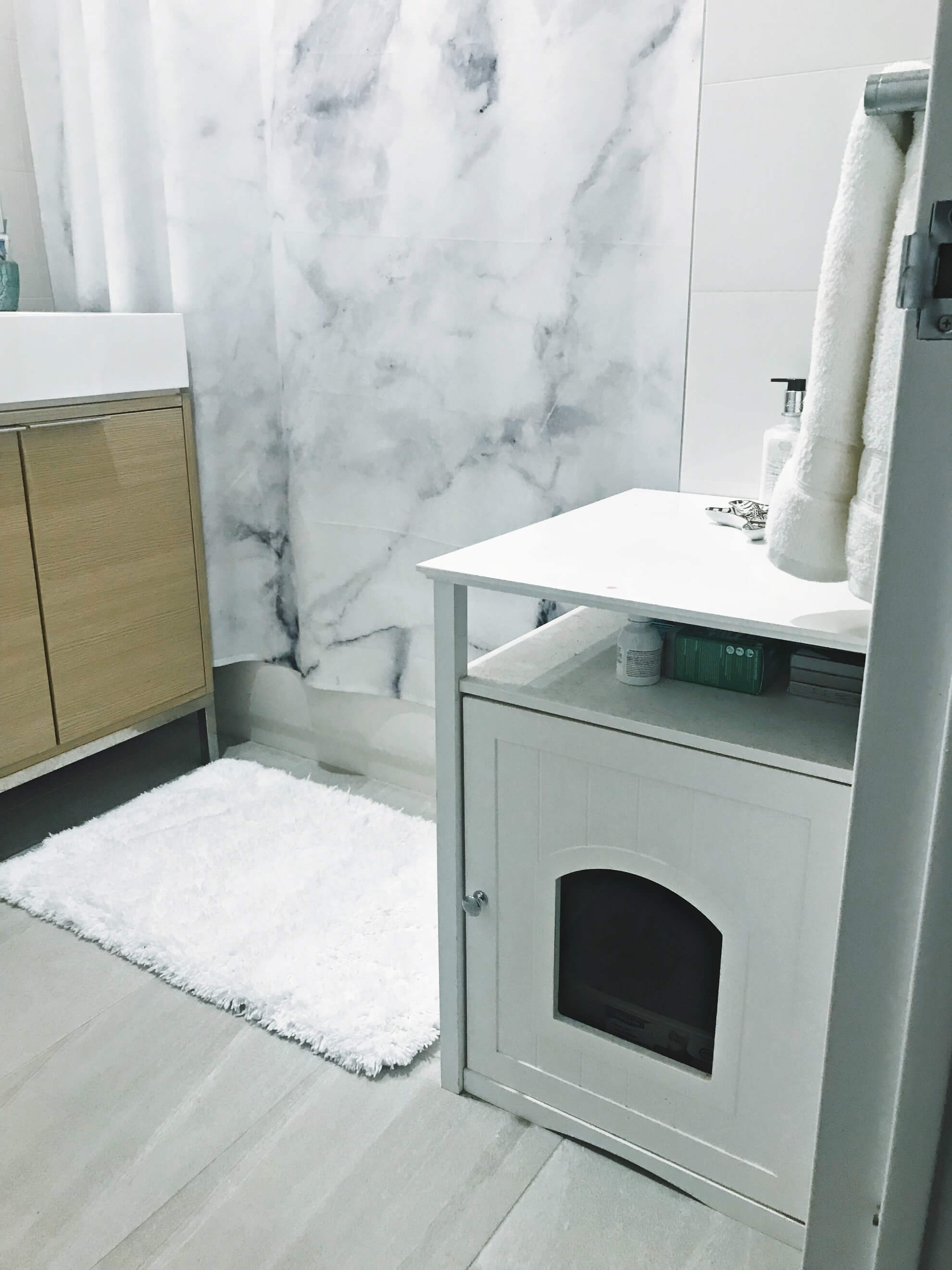 Small Space Bathroom Decor, White Concealed Cat Litter Box, Tilden of To Be Bright