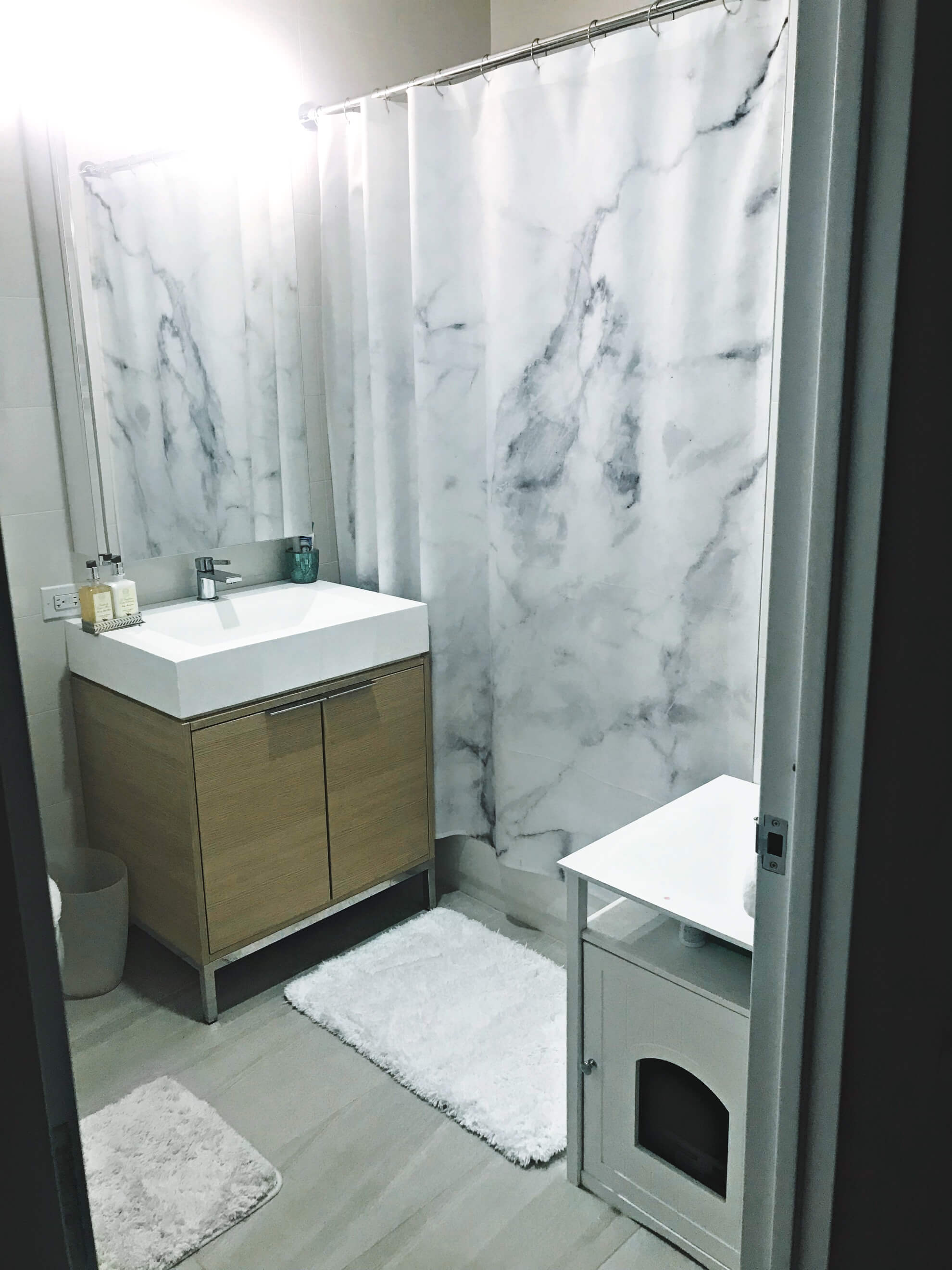 Small Space Bathroom Decor, Marble Shower Curtain, Tilden of To Be Bright