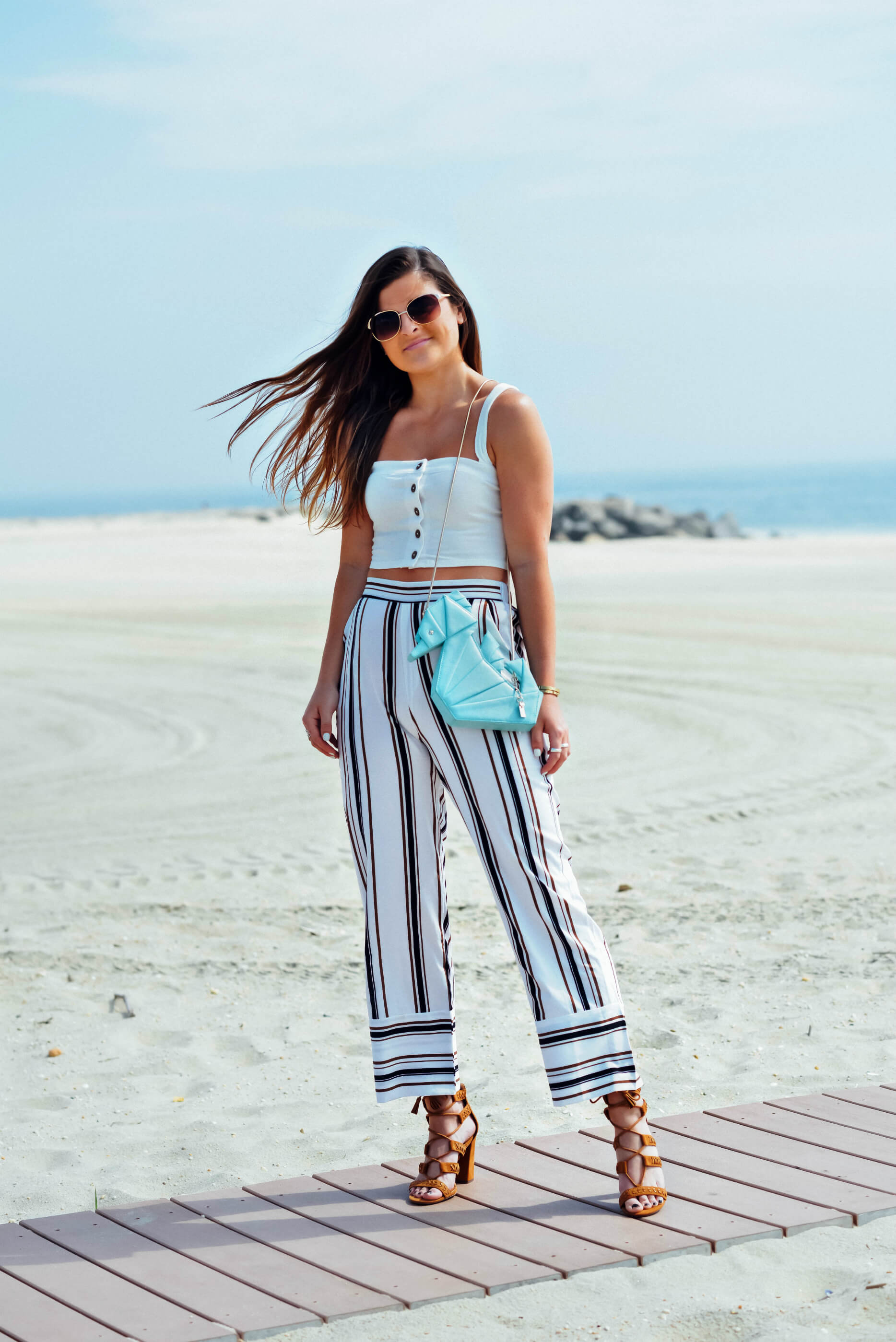 Forever 21 Cropped Striped Trouser, Button-Front Crop Top, Beach Outfit, Kate Spade Seahorse Bag, Summer Style, Tilden of To Be Bright