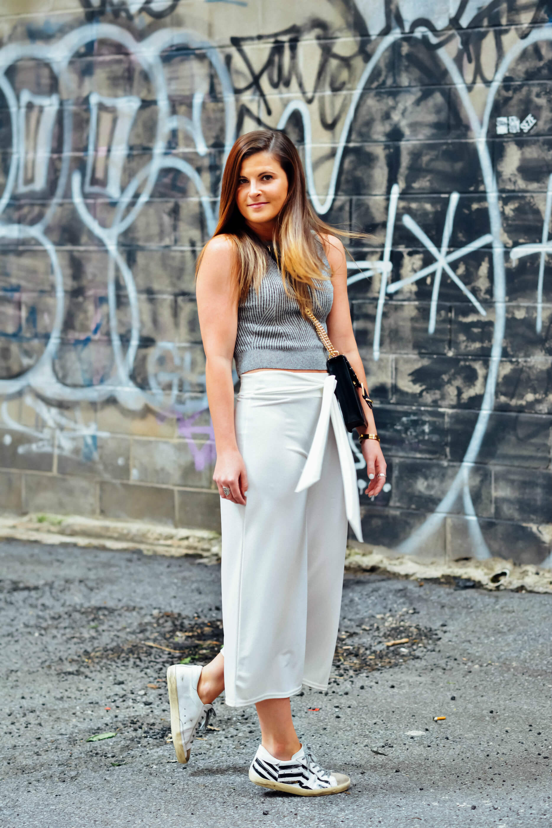 Grey Ribbed Crop Top, Tie Front White Culottes, Golden Goose Sneakers, Summer Outfit, Tilden of To Be Bright