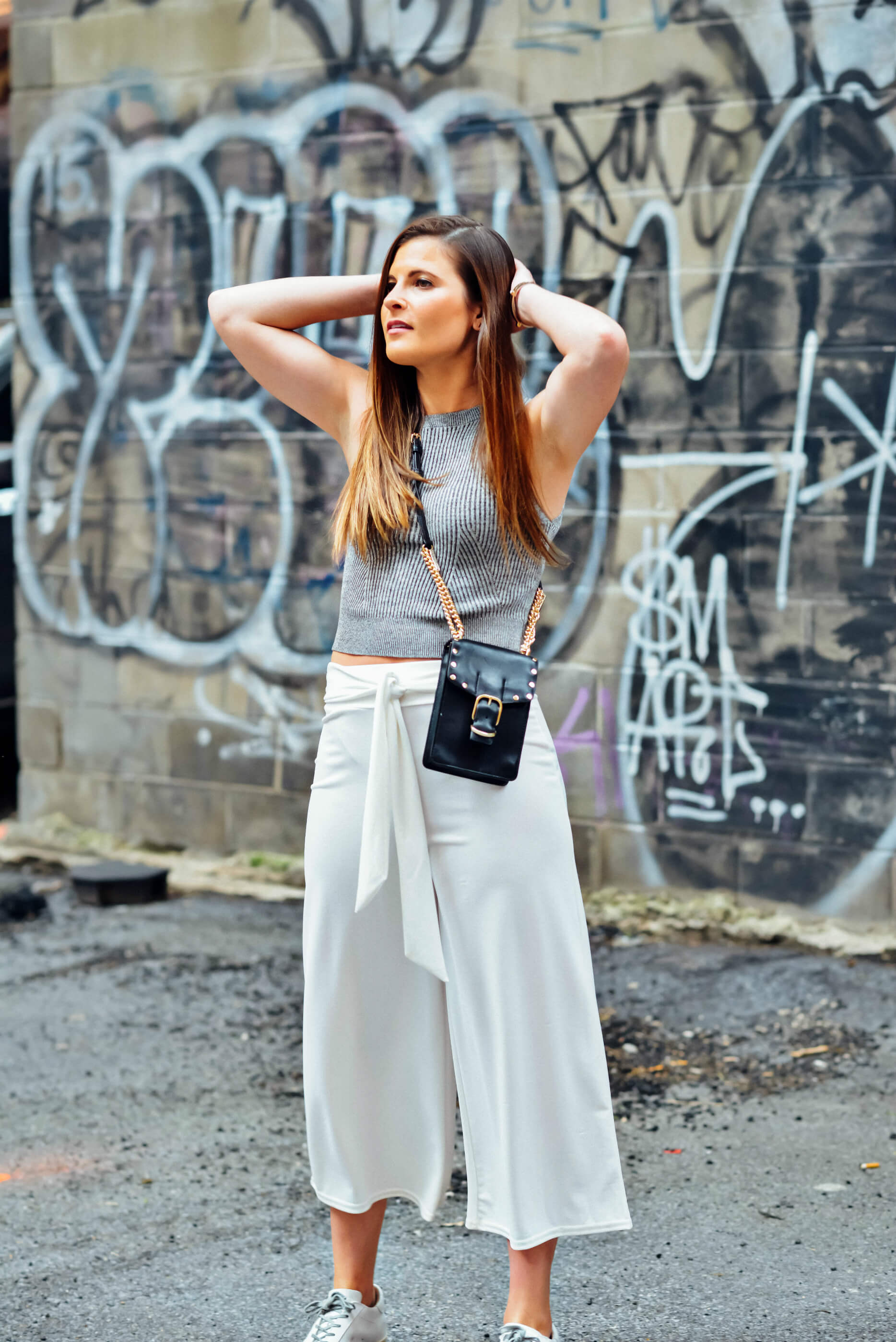 Grey Ribbed Crop Top, White Culottes, Rebecca Minkoff Biker Crossbody, Summer Outfit, Tilden of To Be Bright