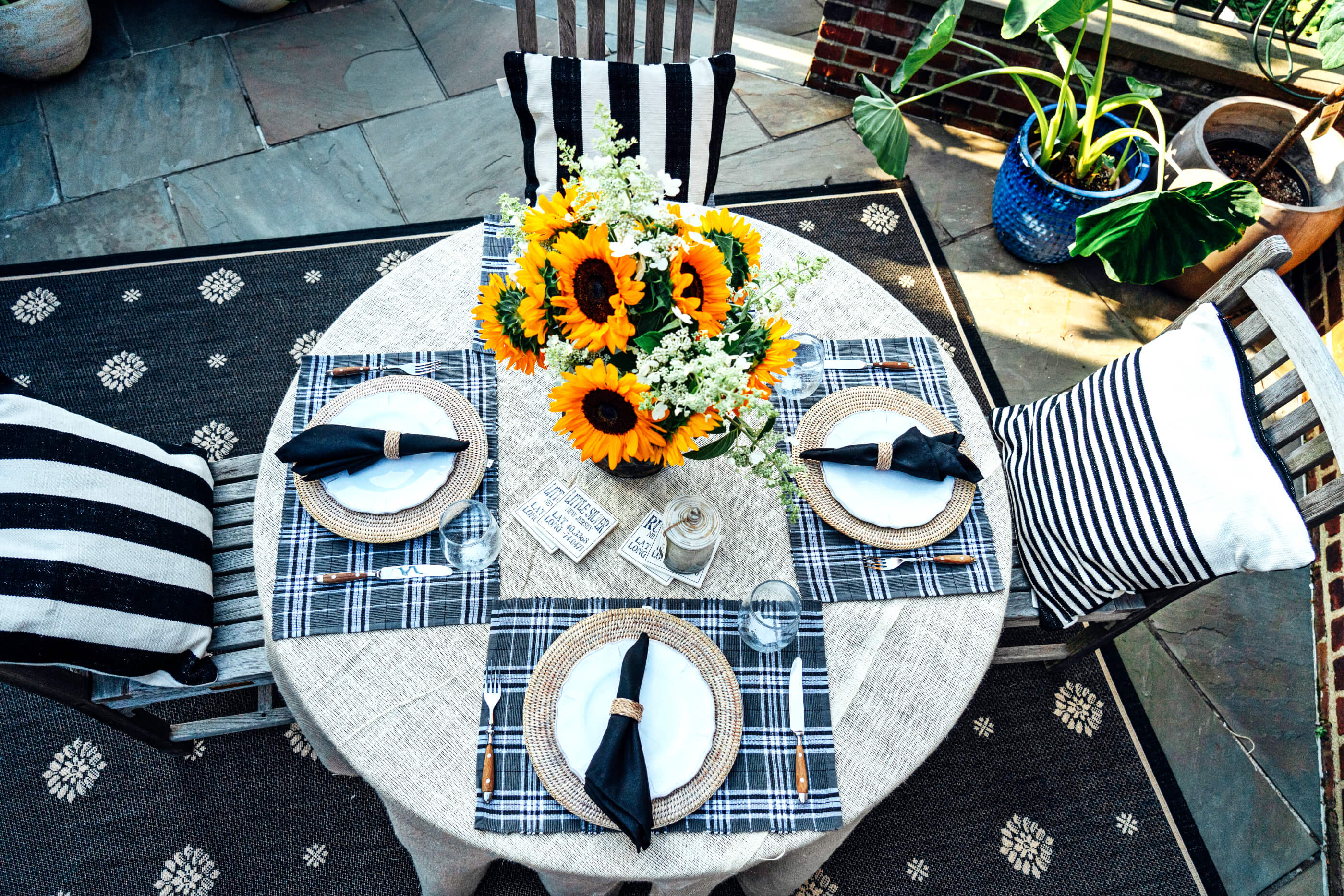 Outdoor Patio Redesign, Modern Table Scape, Sunflowers, Sickles Market, Tilden of To Be Bright