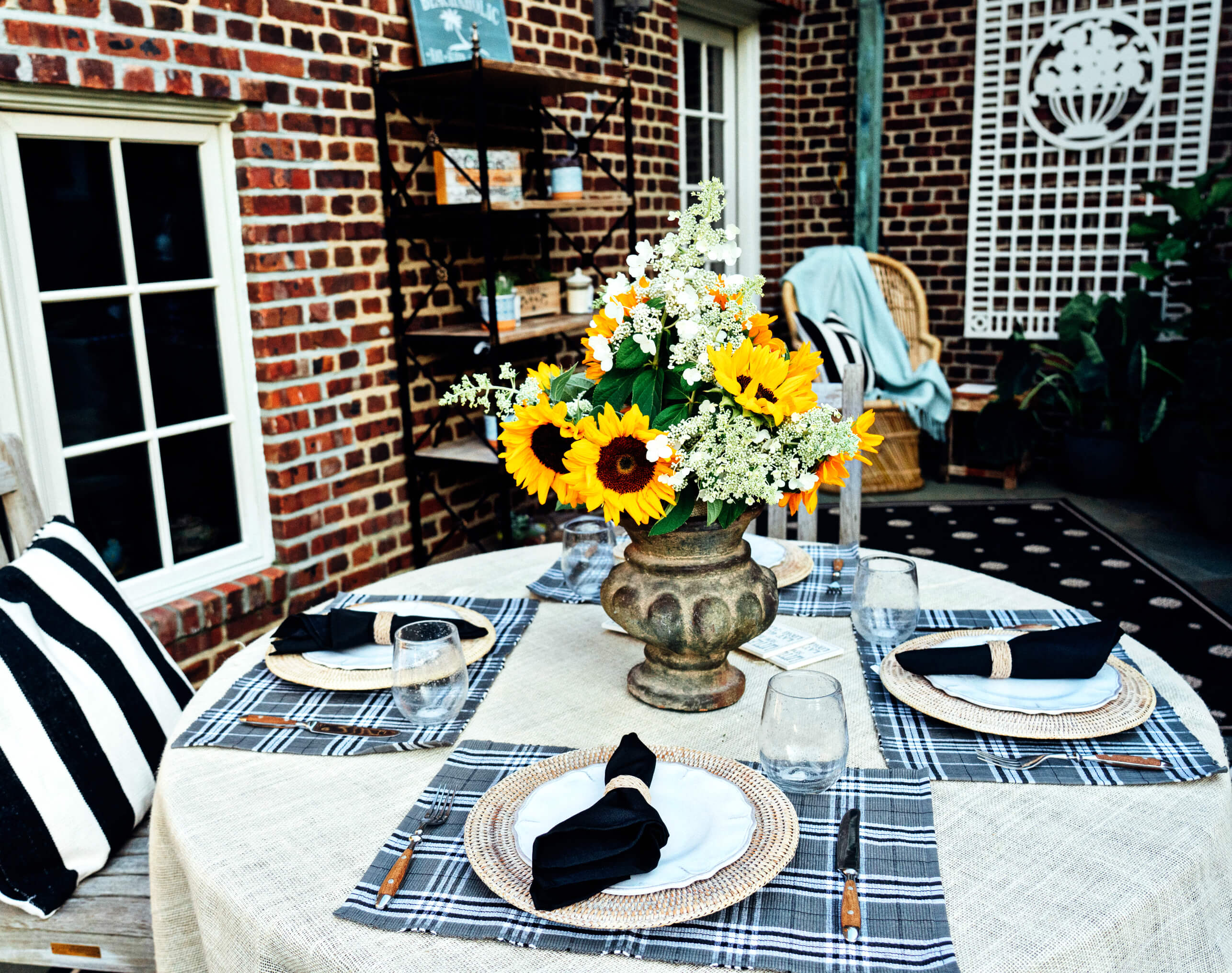 Outdoor Patio Redesign, Modern Table Scape, Sunflowers, Sickles Market, Tilden of To Be Bright