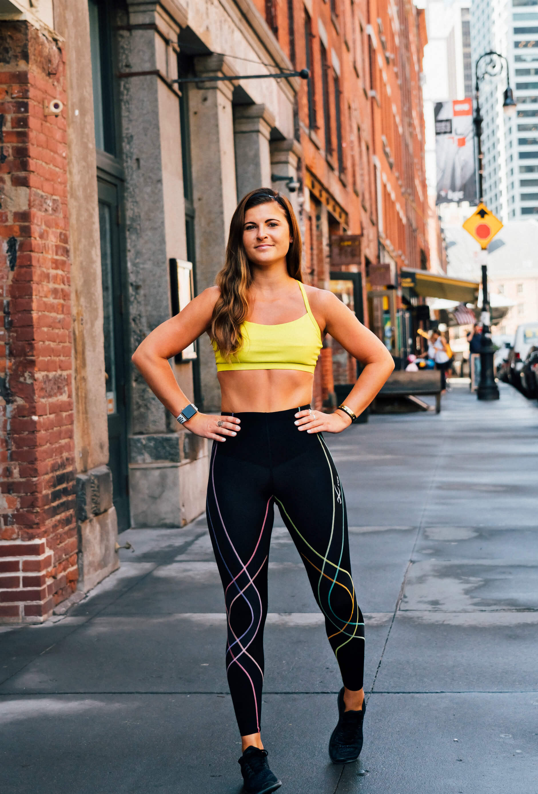 CW-X Endurance Generator Tights, Nike Apple Watch Sports Band, Fabletics Neon Sports Bra, Fitness, Workout Outfit, Tilden of To Be Bright