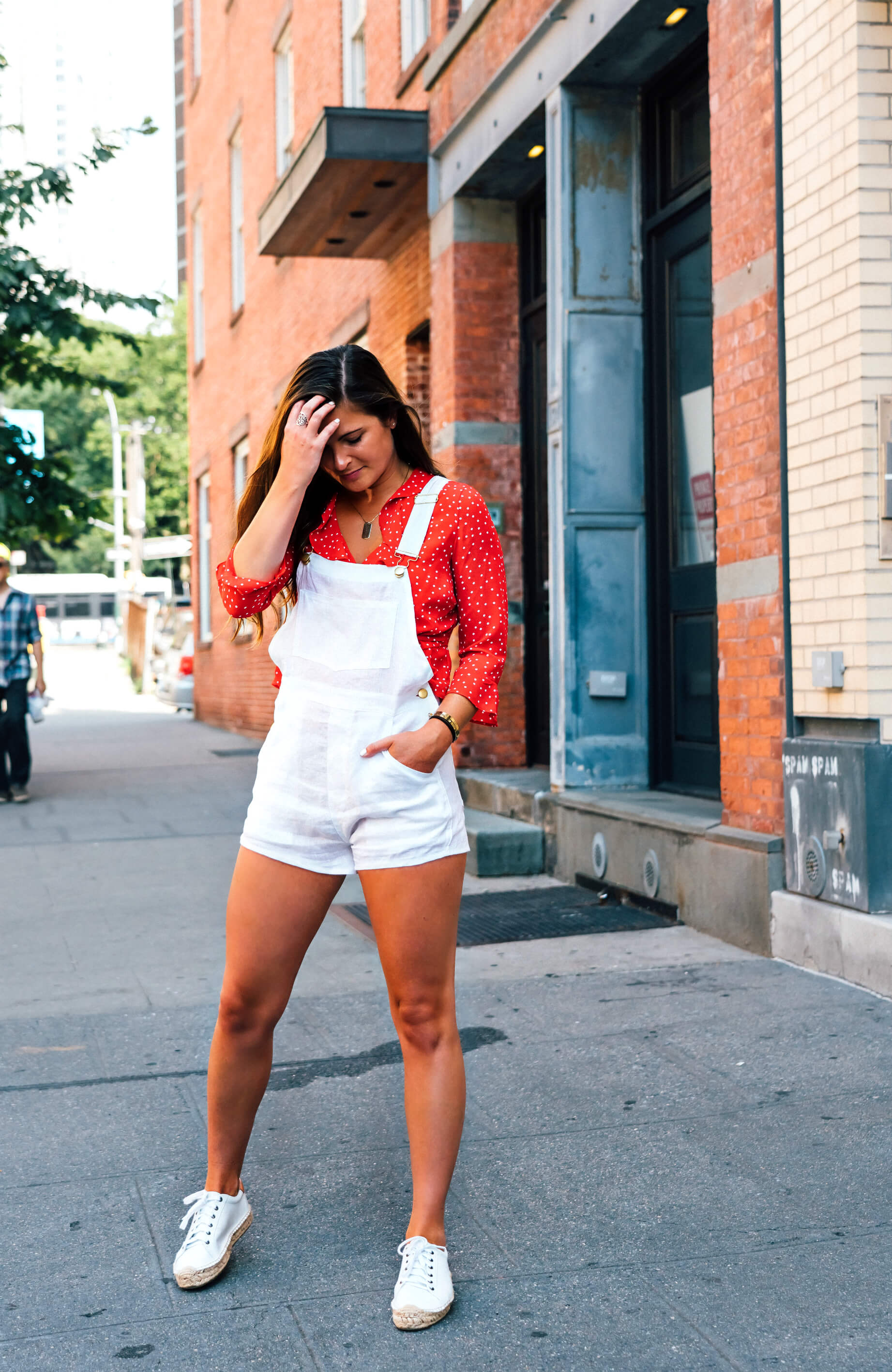 SSO by Danielle White Linen Overall Short, Bardot Red Polka Dot Top, Espadrille Sneakers, oNecklace Dog Tag Handwriting Necklace, Summer Style, Tilden of To Be Bright