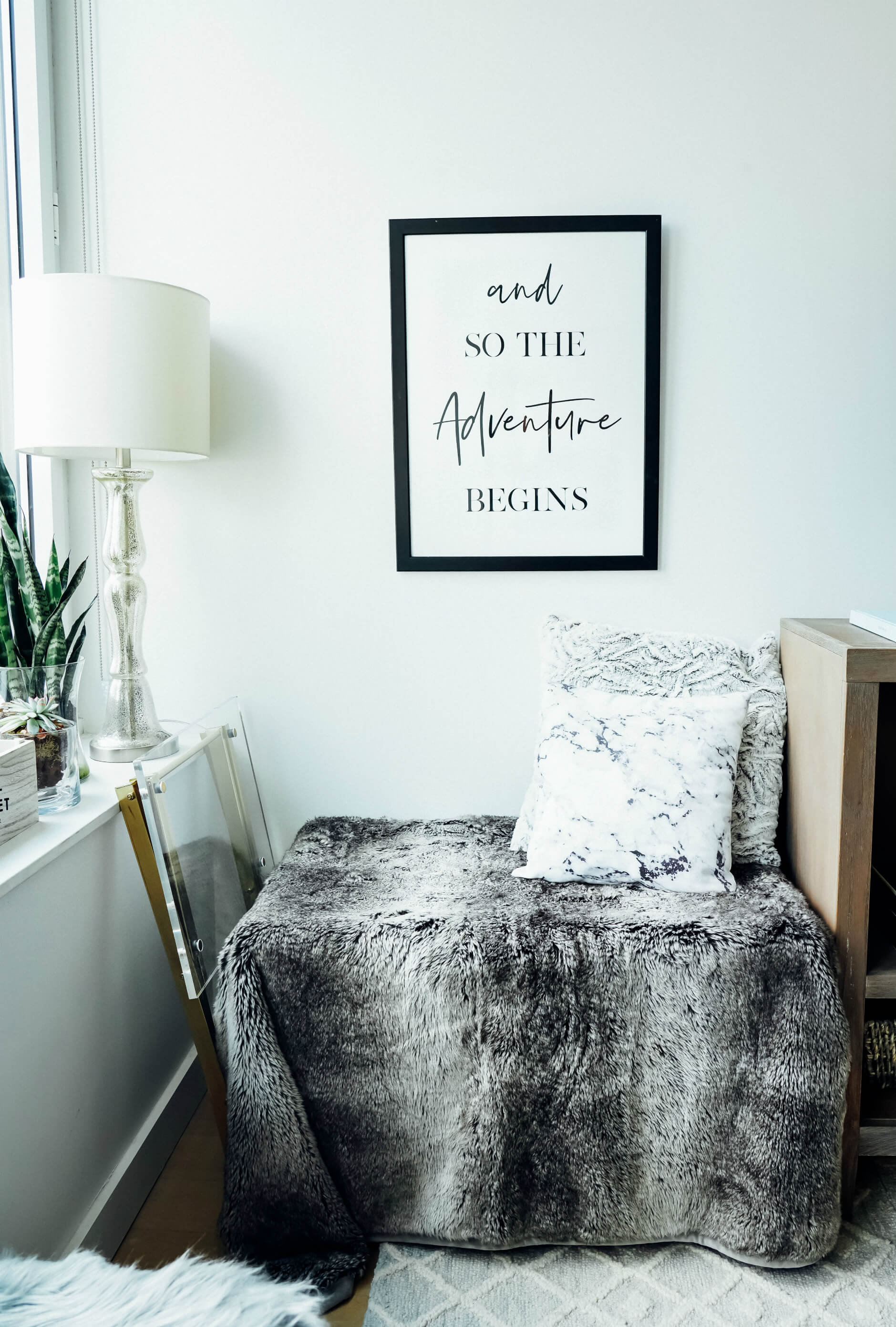 I Am Fy Adventure Wall Art, Pottery Barn Ombre Faux Fur Throw Blanket, TNew Apartment: Living Room Reveal, NYC Apartment Decor, Tilden of To Be Bright
