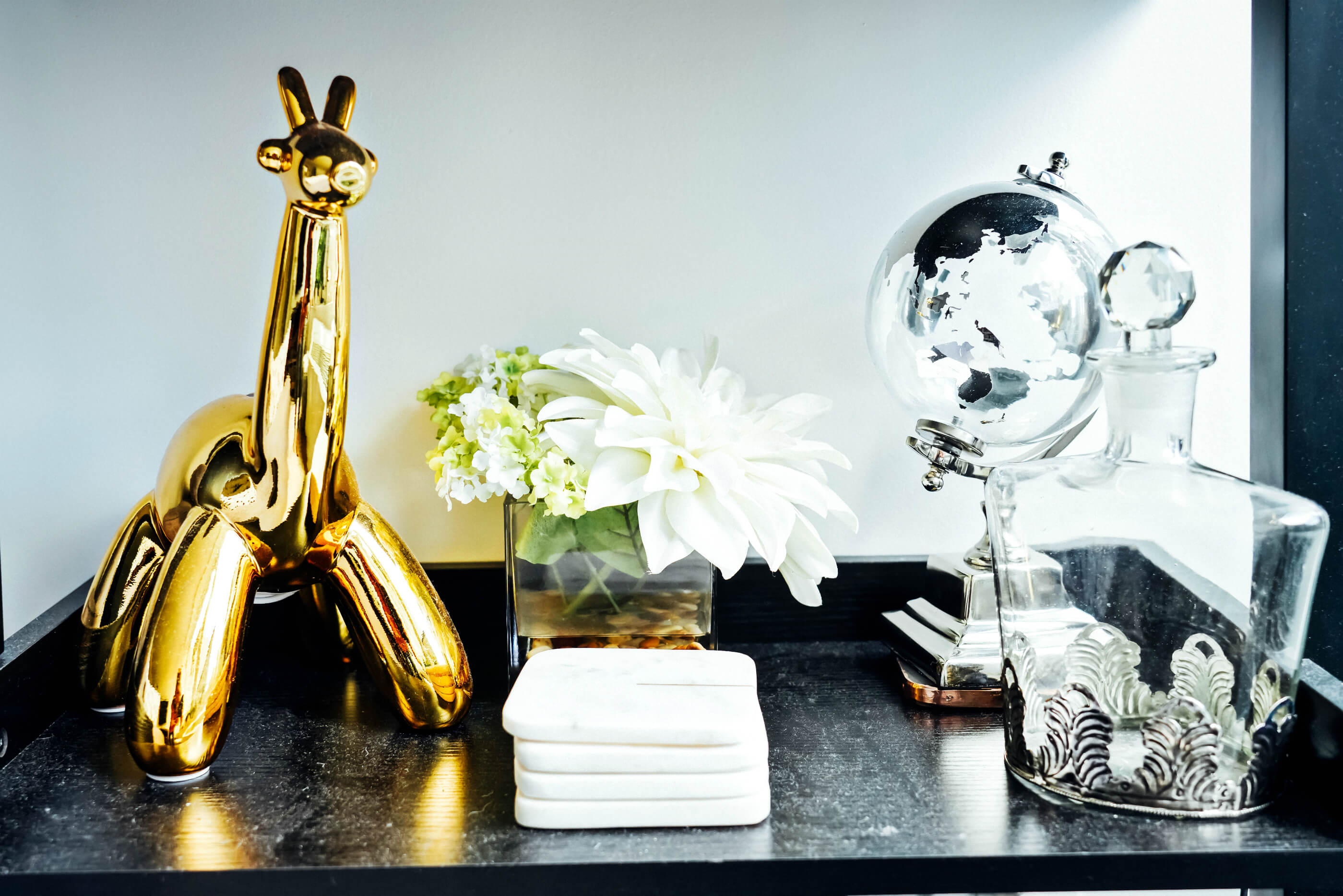 Gold Giraffe Balloon Animal Piggy Bank, Marble Coasters, Shelf Decor, New Apartment: Living Room Reveal, NYC Apartment Decor, Tilden of To Be Bright