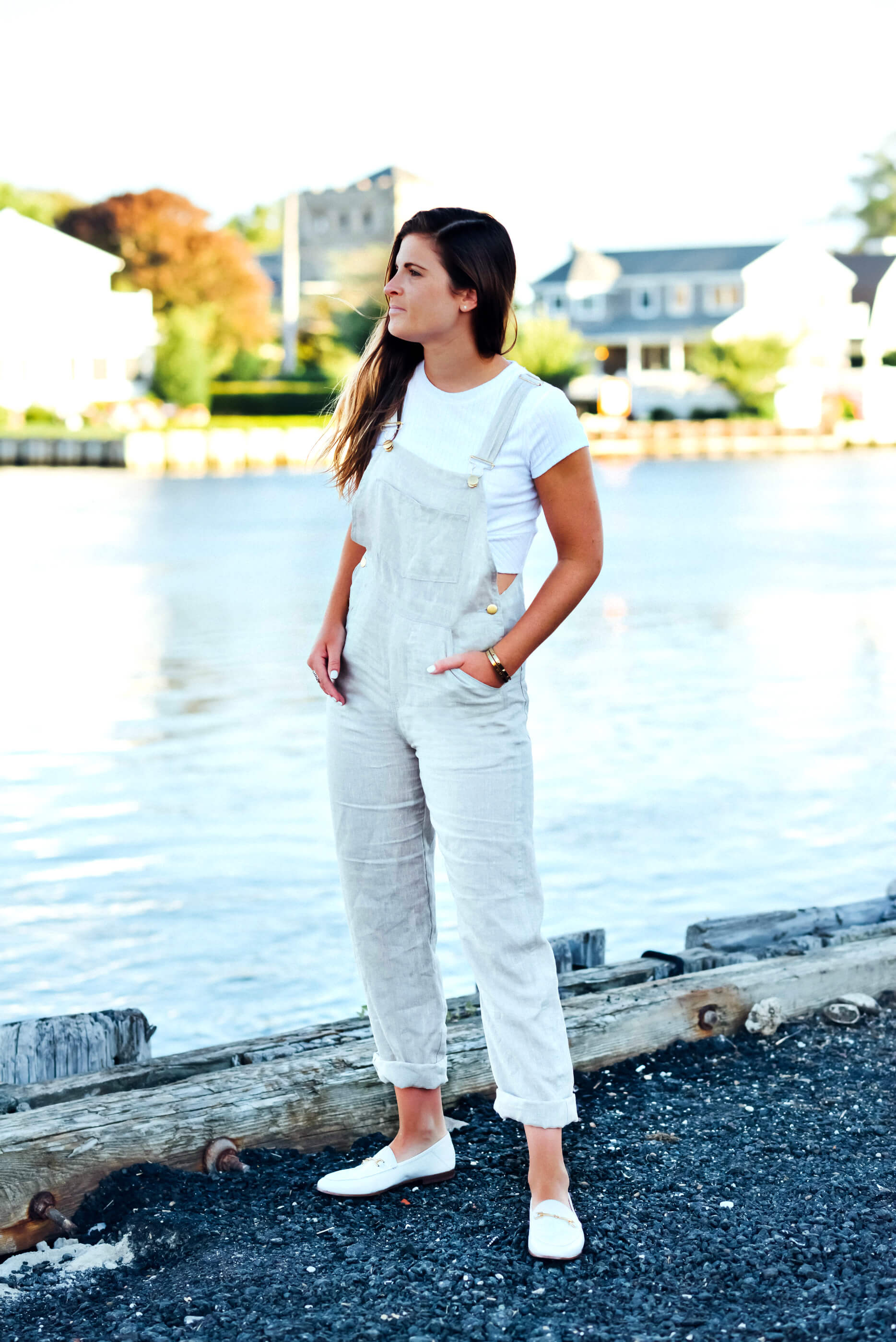 SSO By Danielle Neutral Linen Basic Overalls, Sam Edelman Loraine White Bit Loafer, Summer Outfit, Tilden of To Be Bright