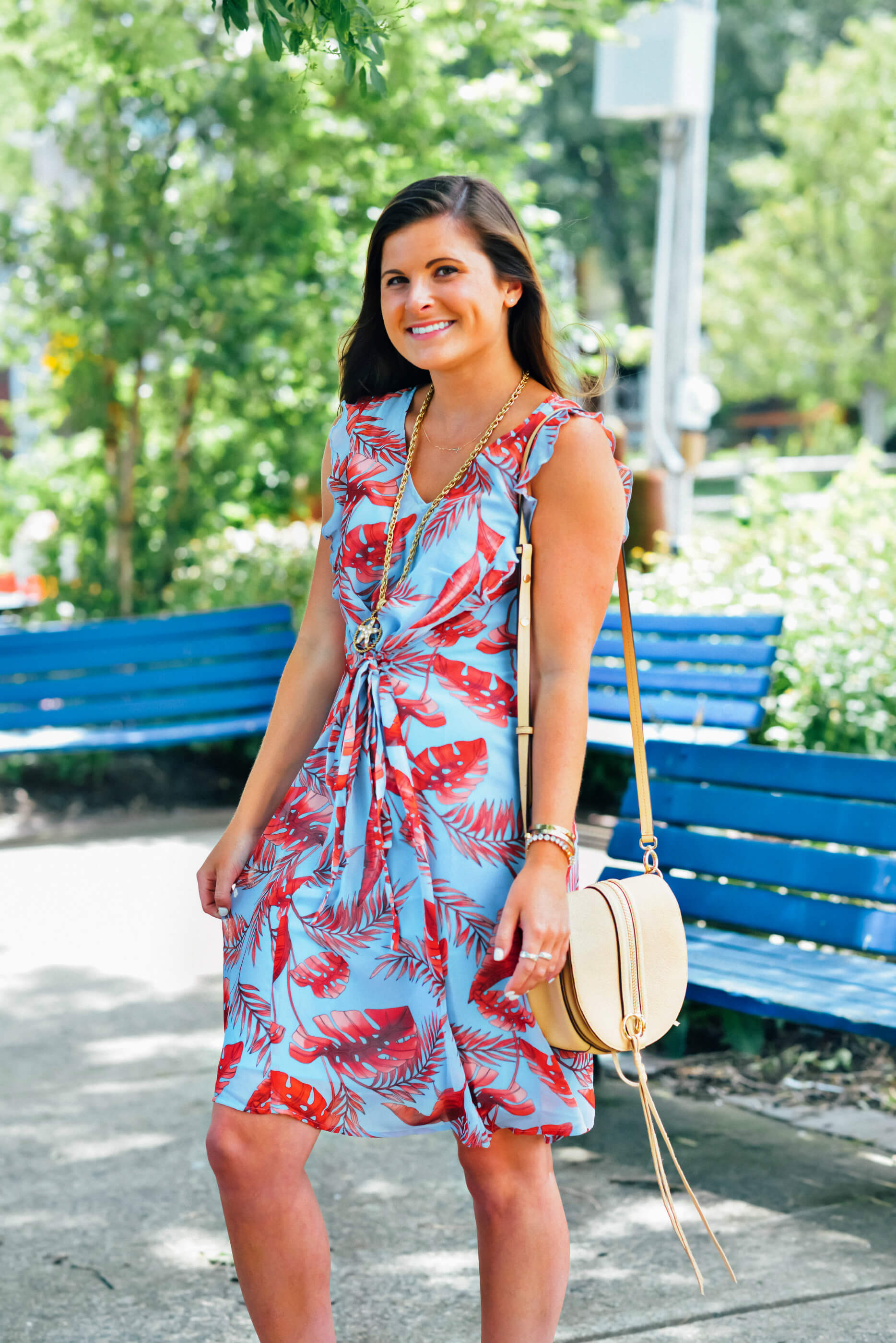 Cabi Clothing, Spring Summer Collection, Rebecca Minkoff Saddle Bag, Blue & Red Tropical Print Dress, Red Sandals, Summer Outfit, Tilden of To Be Bright