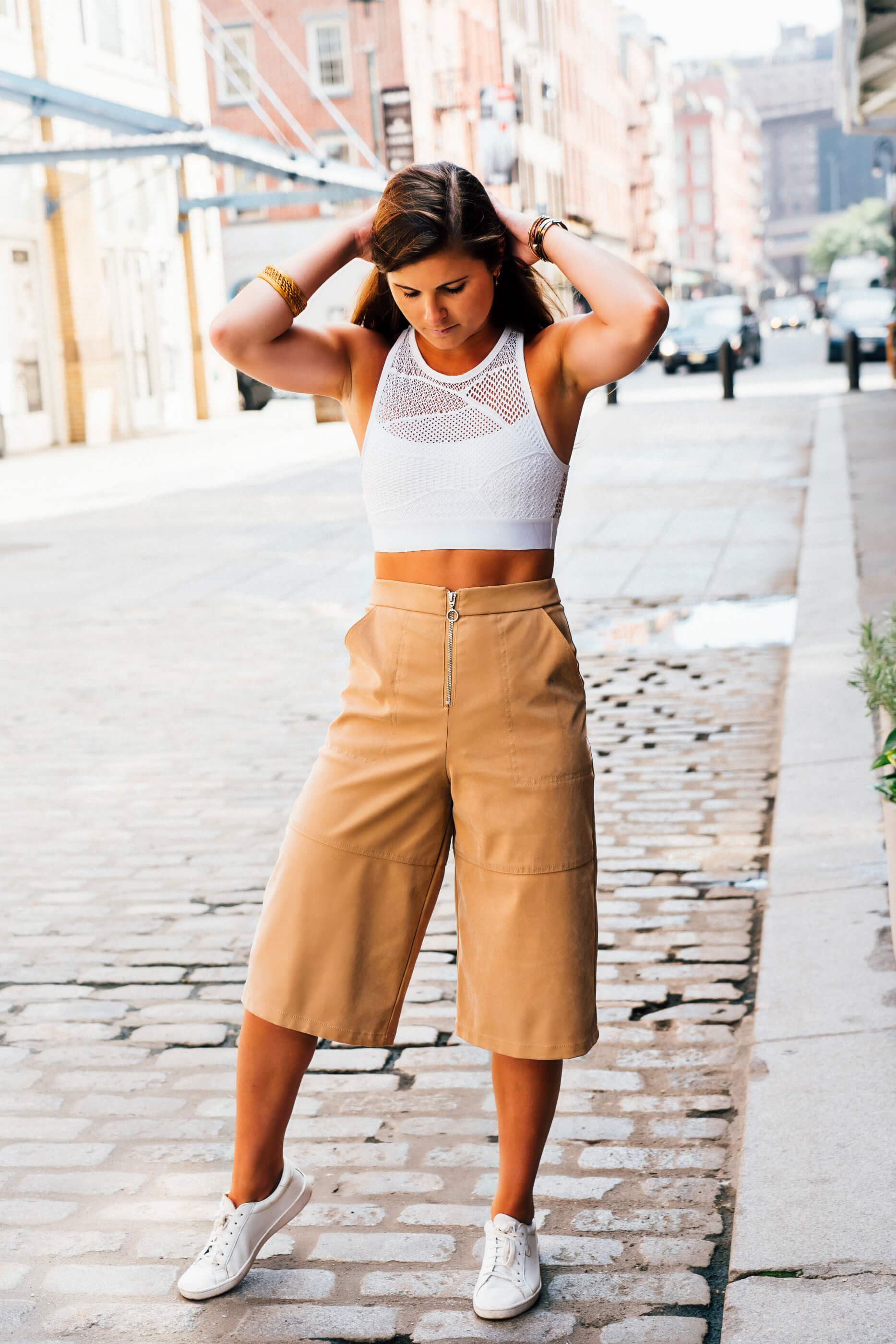 Next Step to Athleisure Outfit, Alala White Lace Cross Back Bra, ASOS tan culottes, Tilden of To Be Bright