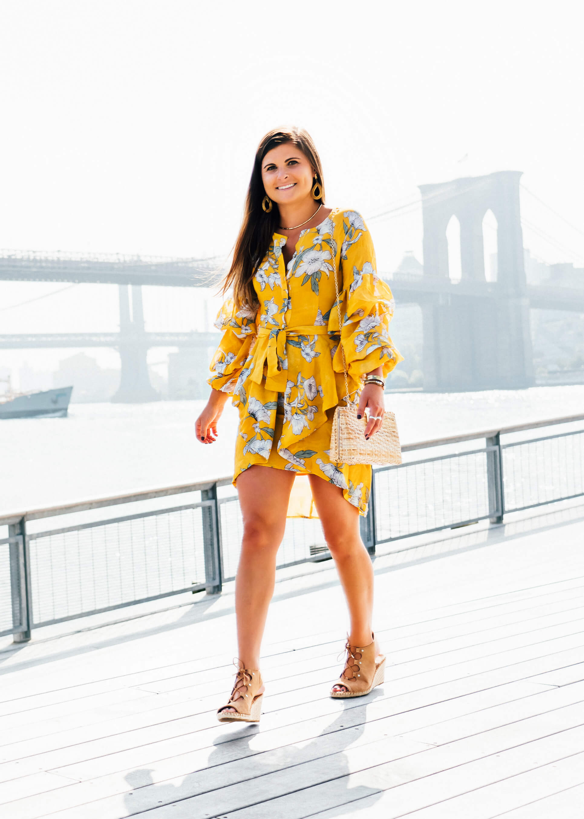 Christelle x J.O.A. Yellow Floral Dress, Summer & Fall Date Outfit, Brooklyn Bridge Photo Shoot, Tilden of To Be Bright