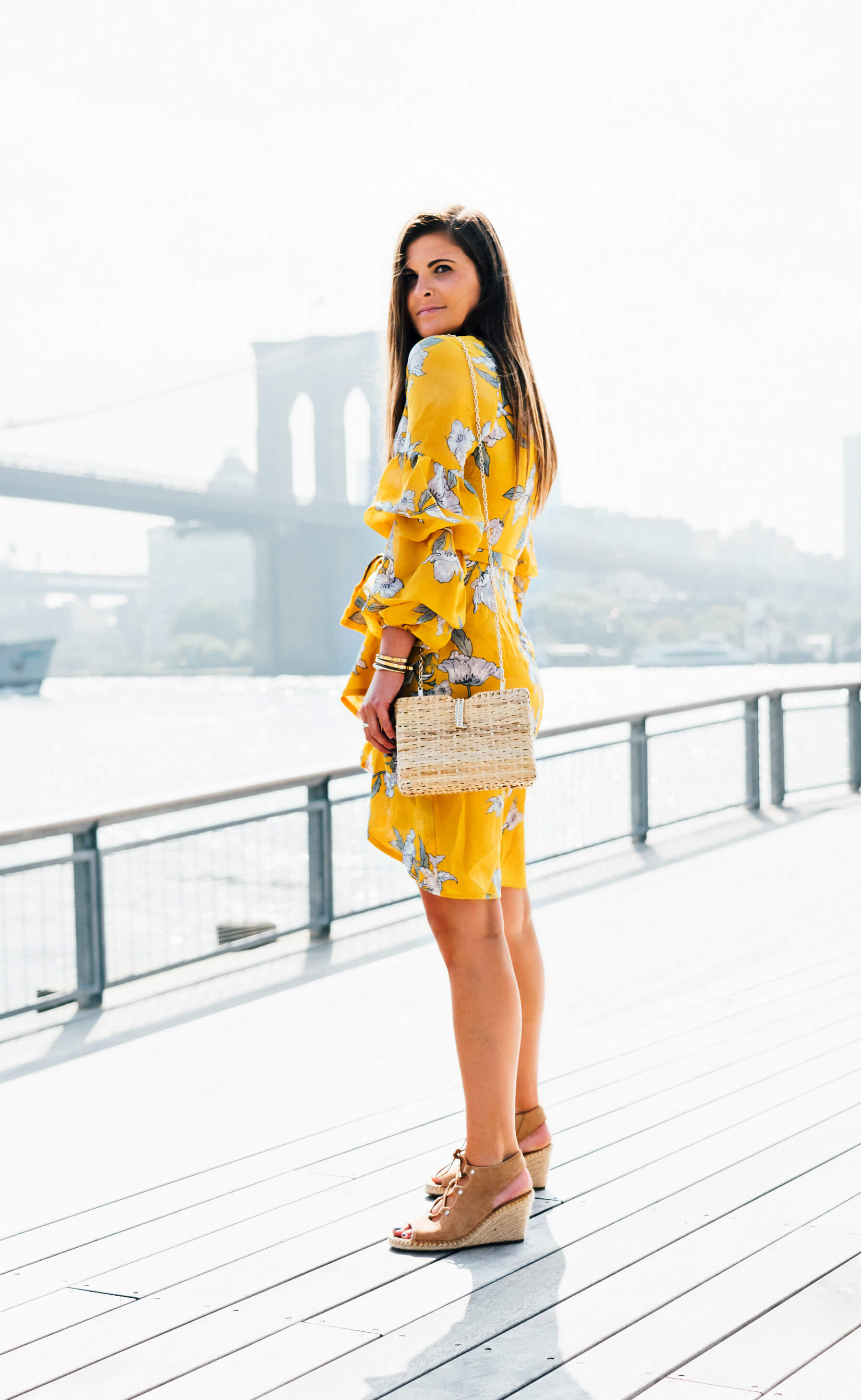 Christelle x J.O.A. Yellow Floral Dress, Summer & Fall Date Outfit, Brooklyn Bridge Photo Shoot, Tilden of To Be Bright