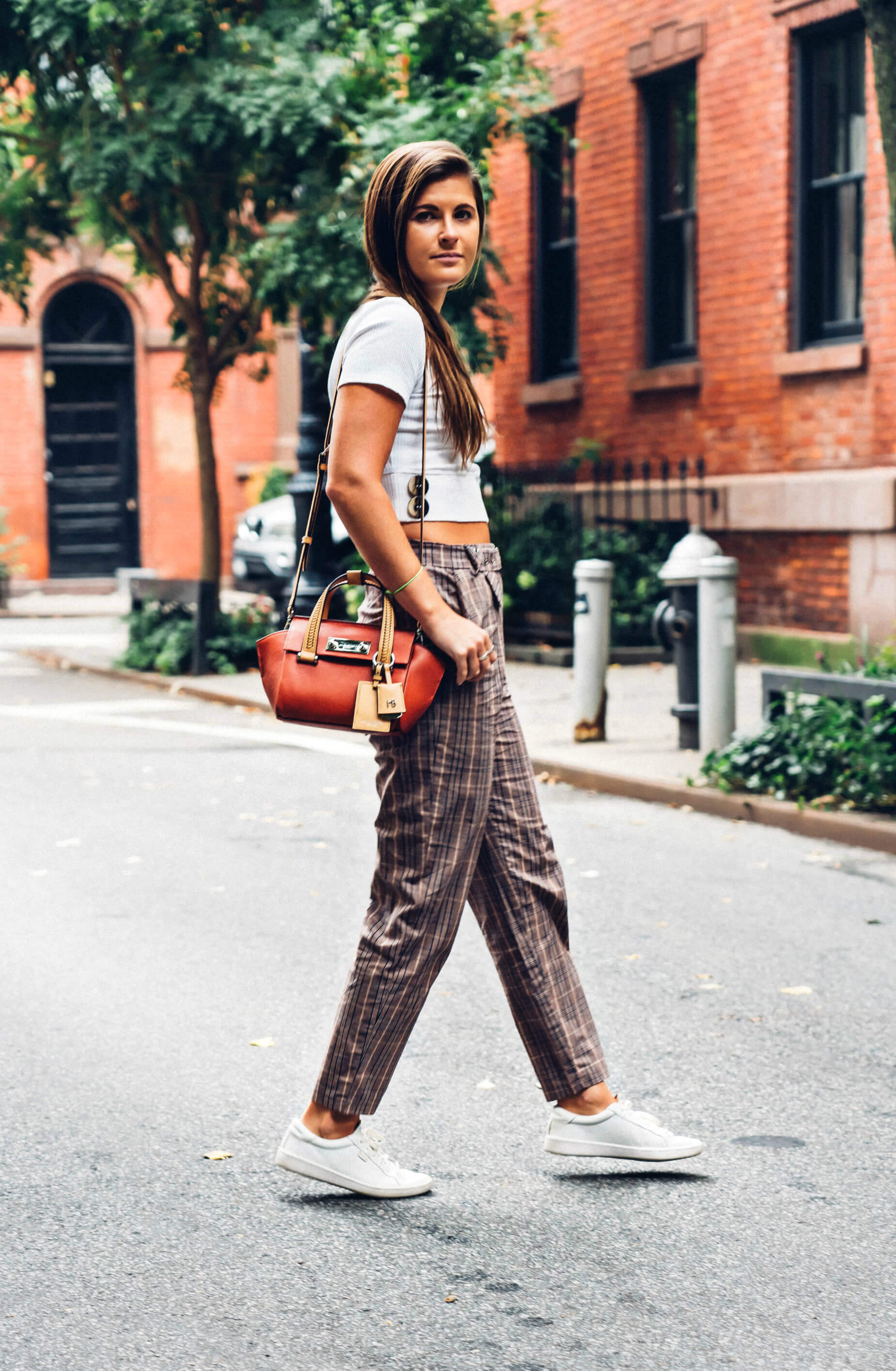 Missguided Brown Check Cigarette Pants, Keds White Ace Leather Sneakers, Henri Bendel Burnt Orange Modern Icons Mini Satchel, Fall Style, Fall Outfit, Tilden of To Be Bright