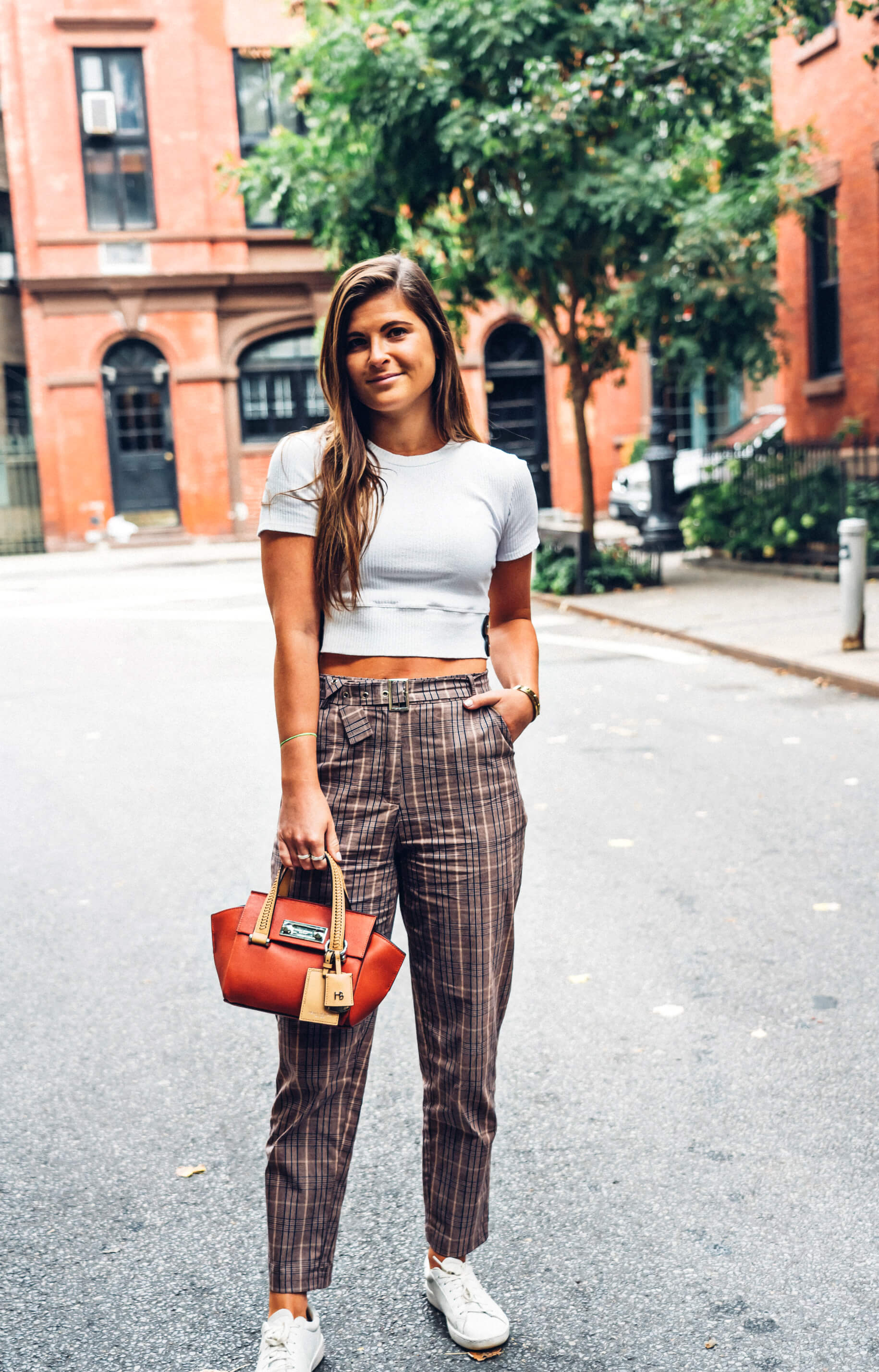 Missguided Brown Check Cigarette Pants, Henri Bendel Modern Icons Mini Satchel, Fall Style, Fall Outfit, Tilden of To Be Bright