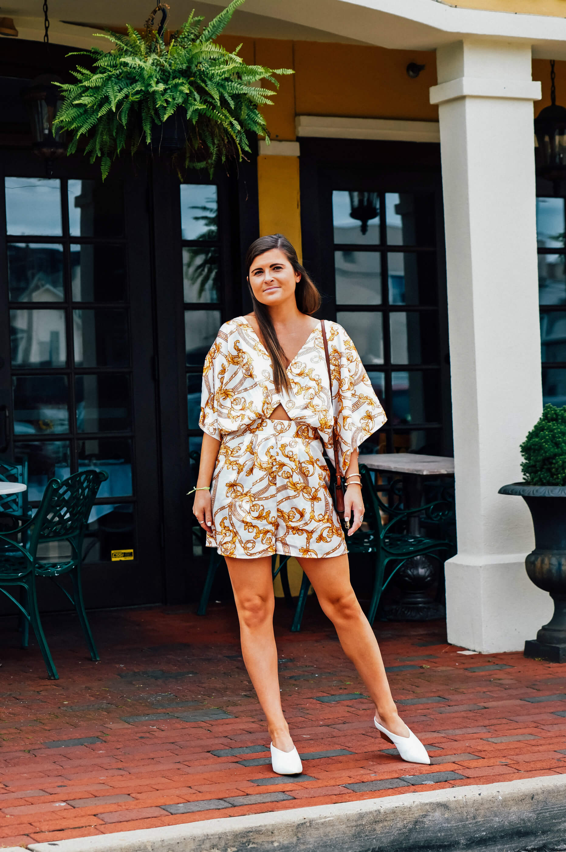 ASOS Kimono Sleeve Chain Print Romper, White Leather Mules, Fall Street Style, Tilden of To Be Bright