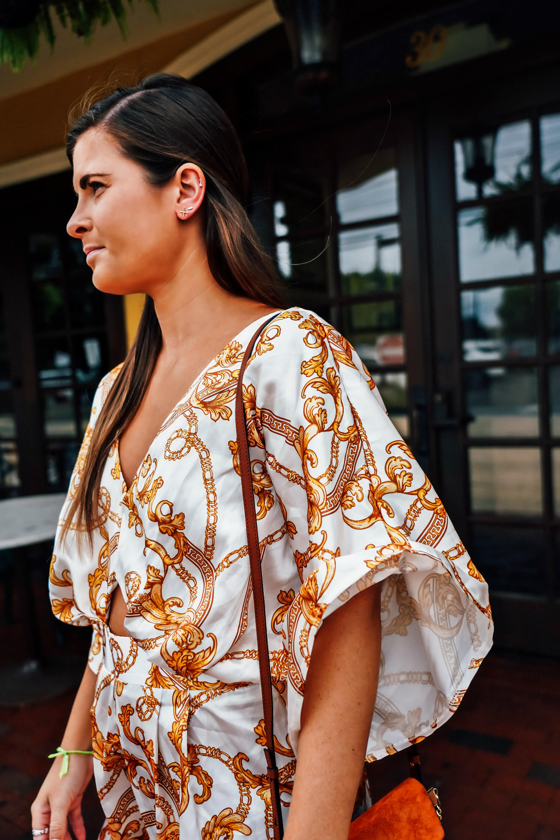 ASOS Kimono Sleeve Chain Print Romper, AURate X Earrings and Mini Gold Bar Earrings, Fall Street Style, Tilden of To Be Bright
