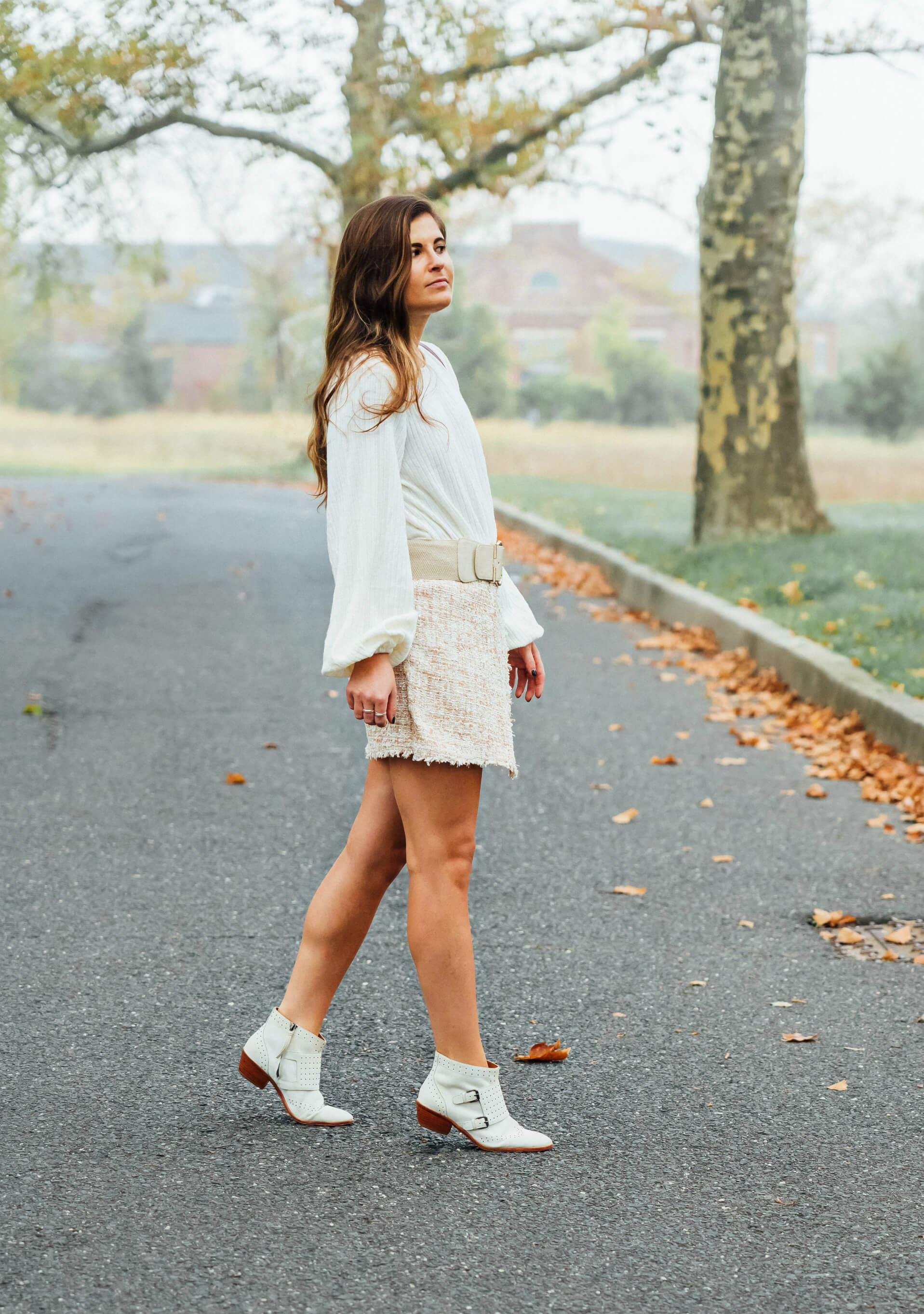 Cozy Fall Date Outfit Idea, Pullover Sweater, Tweed Mini Skirt, Studded Booties, Tilden of To Be Bright