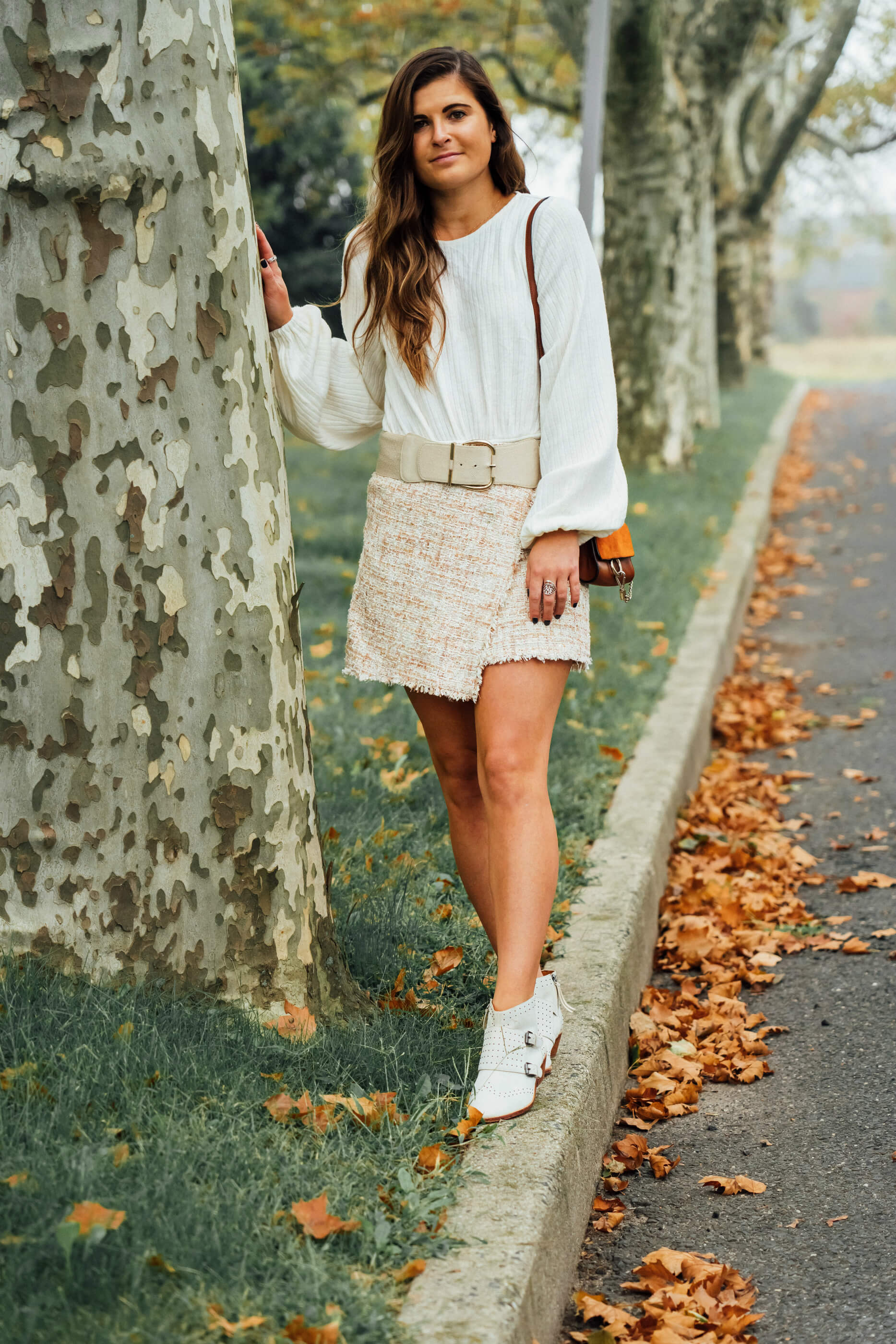 Cozy Fall Date Outfit Idea, Balloon Sleeve Pullover Sweater, Forever 21 Sequin Tweed Mini Skirt, Studded Booties, Tilden of To Be Bright