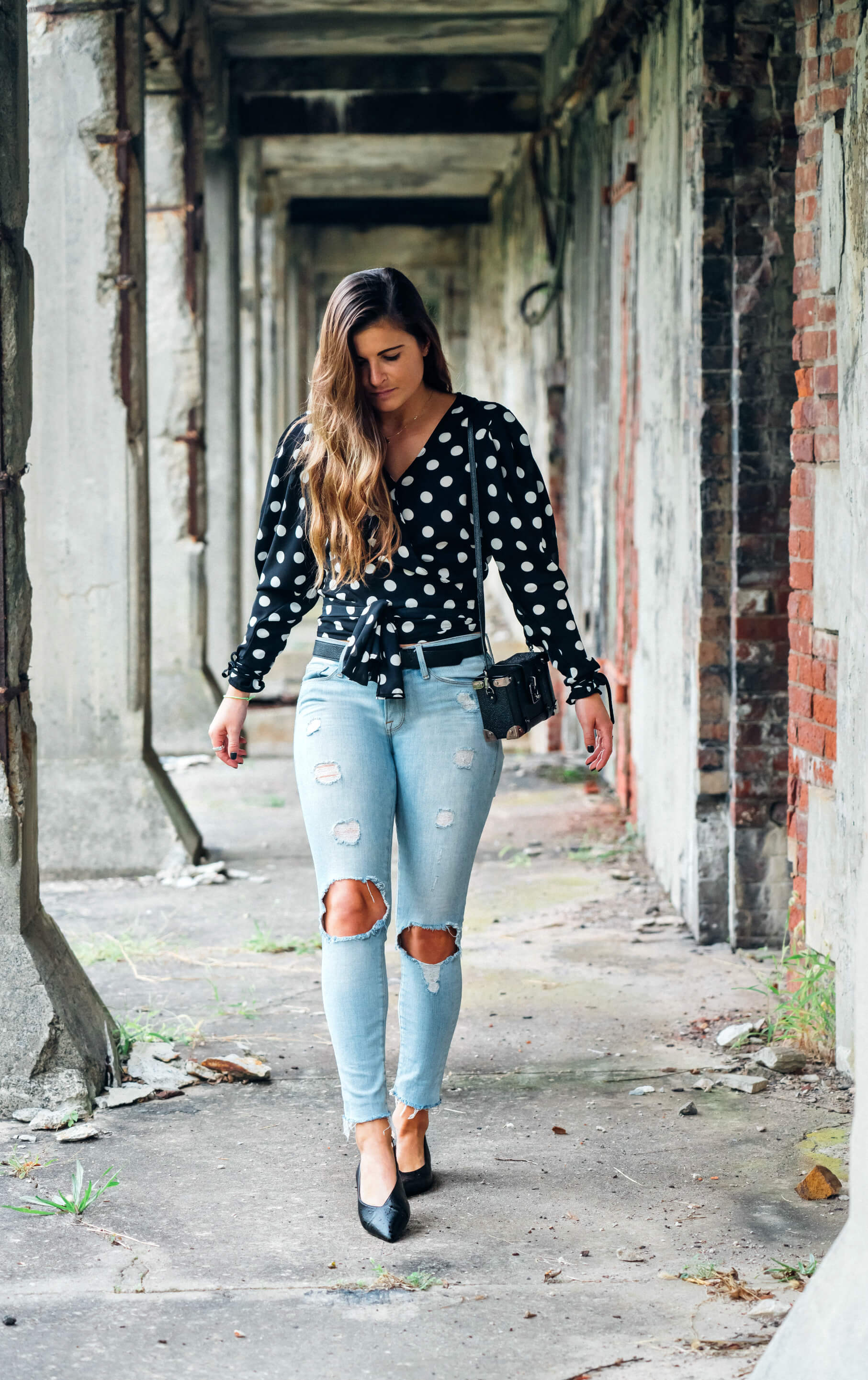 Polka Dot Wrap Blouse, Frame Light Wash Skinny Denim, Fall Casual Outfit, Tilden of To Be Bright