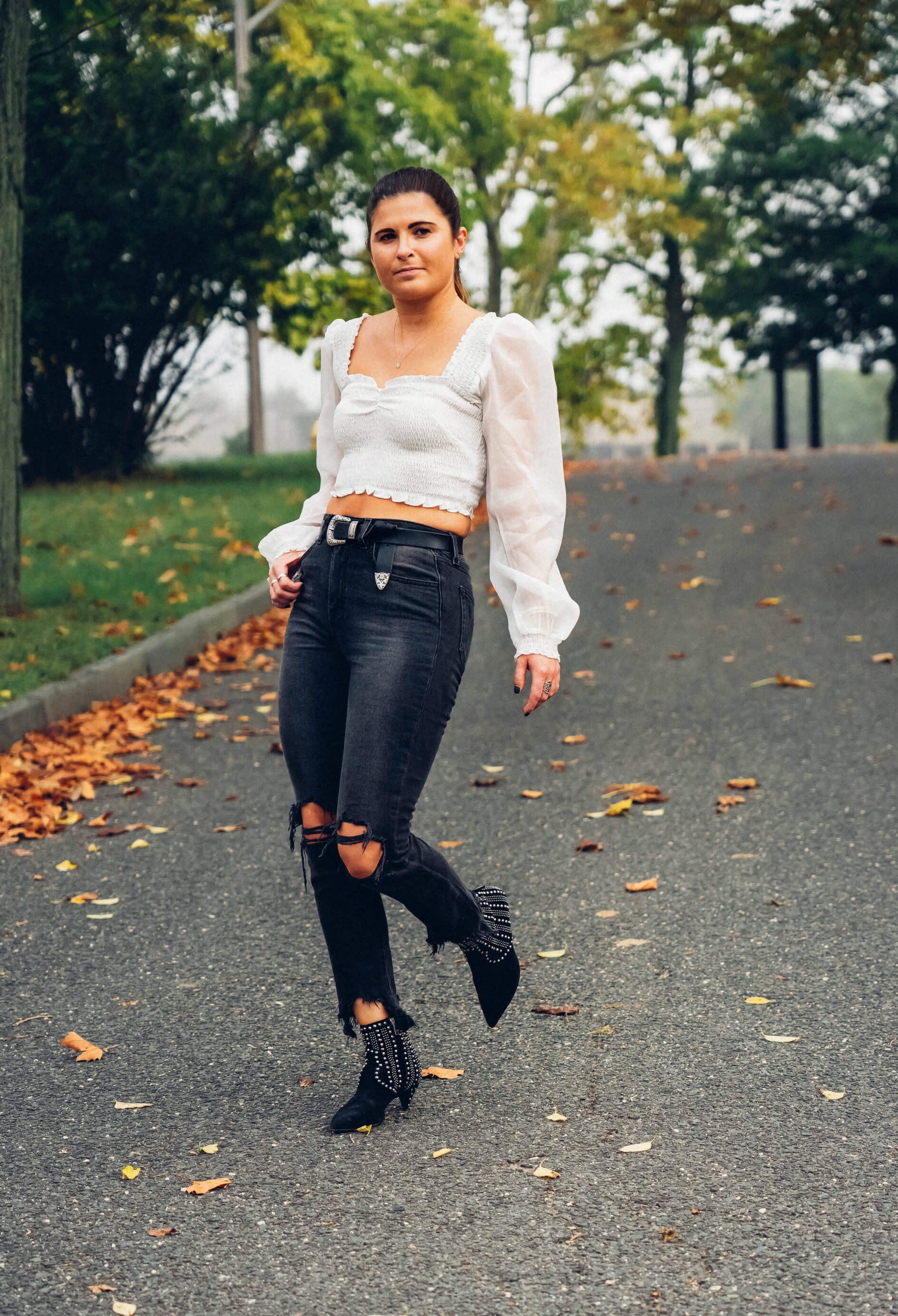 Forever 21 Smocked Organza-Sleeve Crop Top, L'Agence Highline High Waisted Fray Hem Skinny Jeans, Saint Laurent Ankle Stud Boots, Fall Outfit, Tilden of To Be Bright
