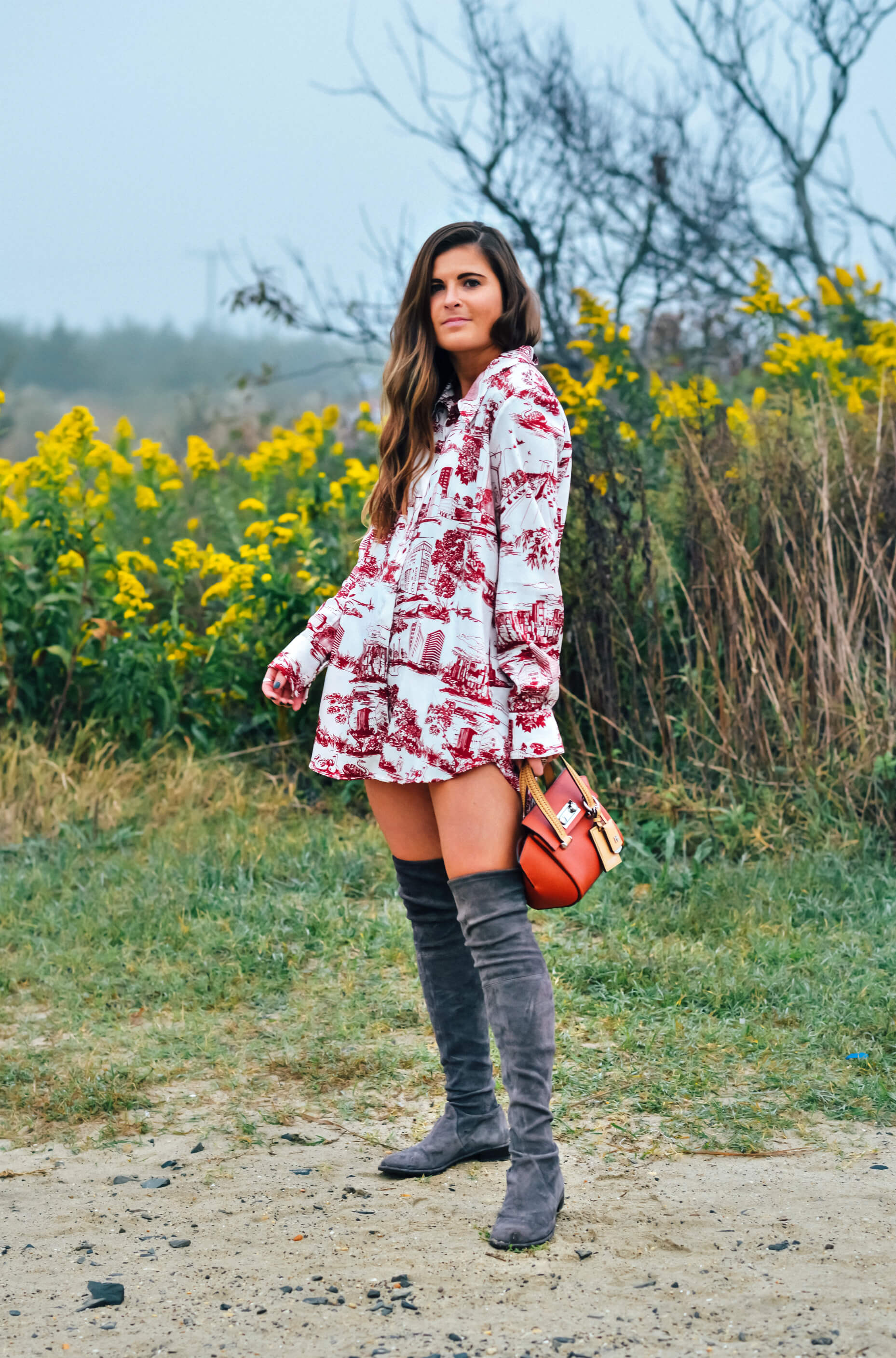 Zara City Print Blouse, Red and White Shirt Dress, Stuart Weitzman Grey Lowland Over The Knee Boot, Fall Style, Tilden of To Be Bright