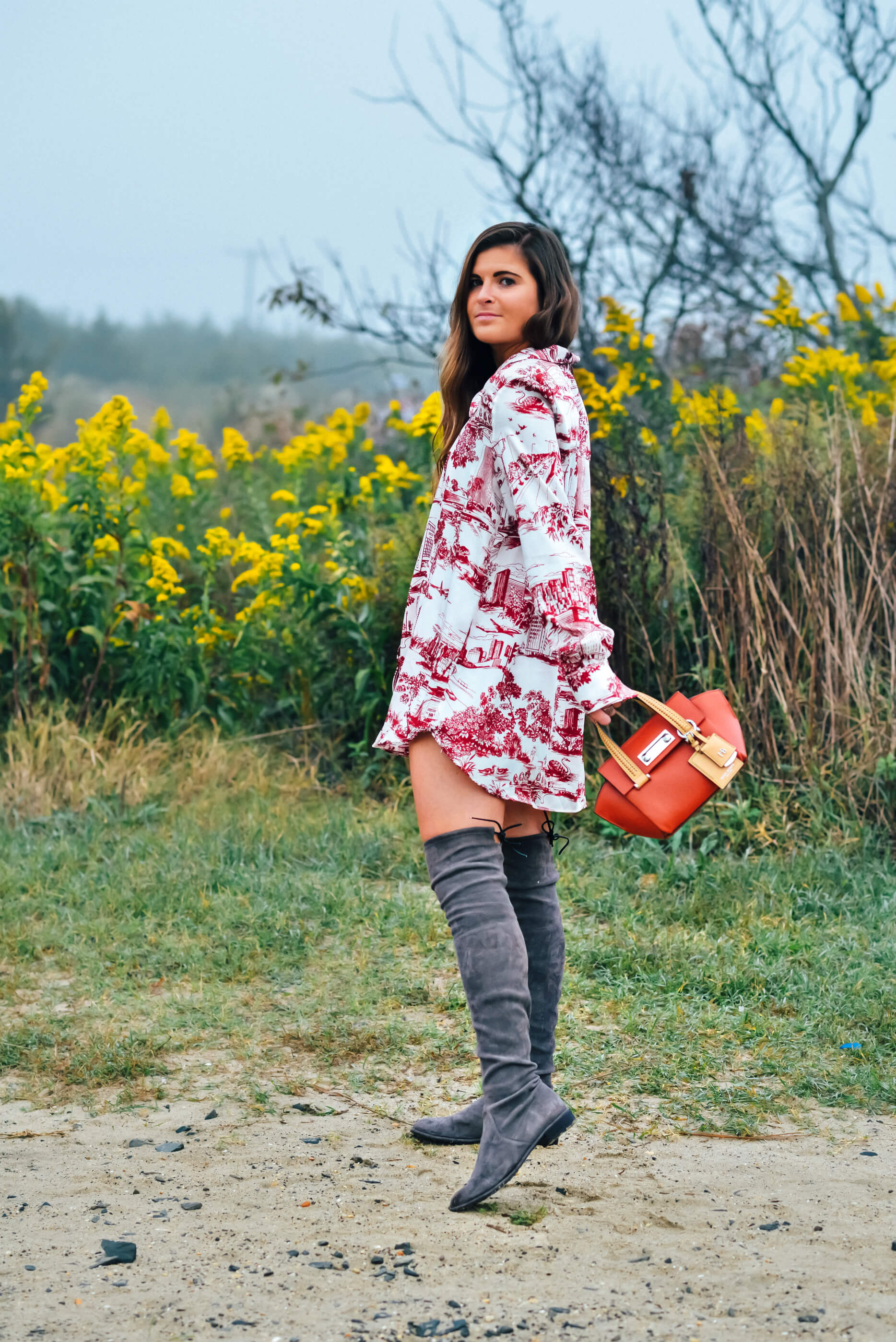 Zara City Print Blouse, Red and White Shirt Dress, Stuart Weitzman Grey Lowland Over The Knee Boot, Fall Style, Tilden of To Be Bright