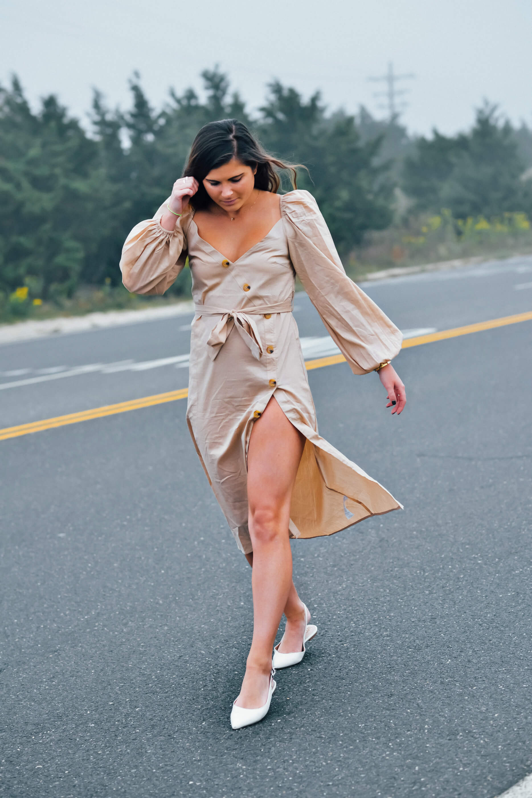 Boohoo Beige Asymmetrical Midi Dress, White Slingback Flats, Fall Style, Fall Outfit, Tilden of To Be Bright