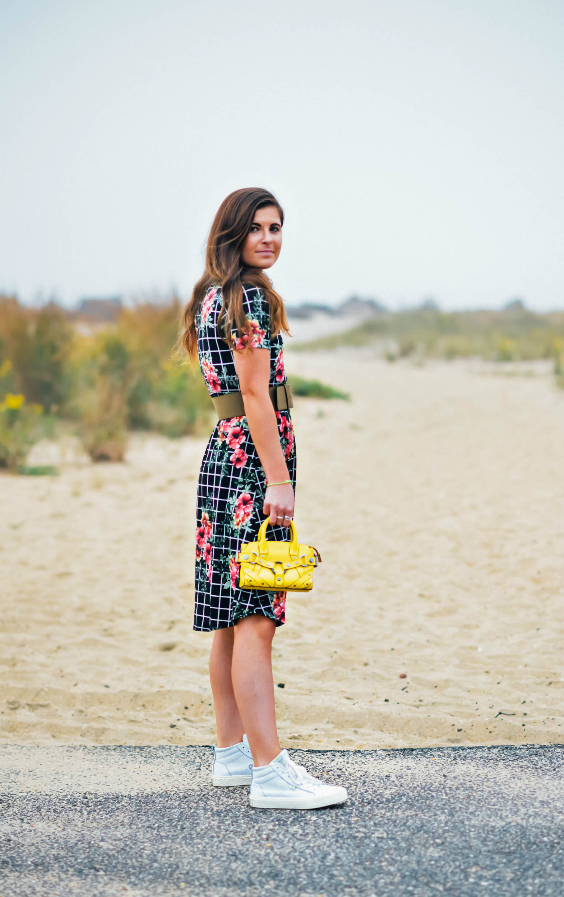 Forever 21 Floral Grid Surplice Dress, Fall Style, Dress and Sneakers Outfit, Cariuma White Leather OCA High Sneakers, Henri Bendel Yellow Mini Bag, Tilden of To Be Bright