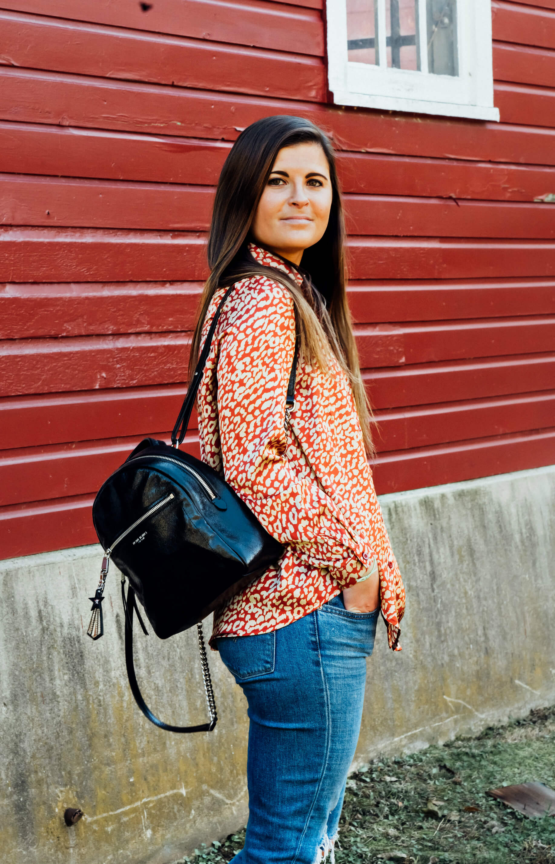 Boohoo Leopard Print Woven Oversized Shirt, Henri Bendel About Town Shimmer Backpack, Fall Outfit, Tilden of To Be Bright