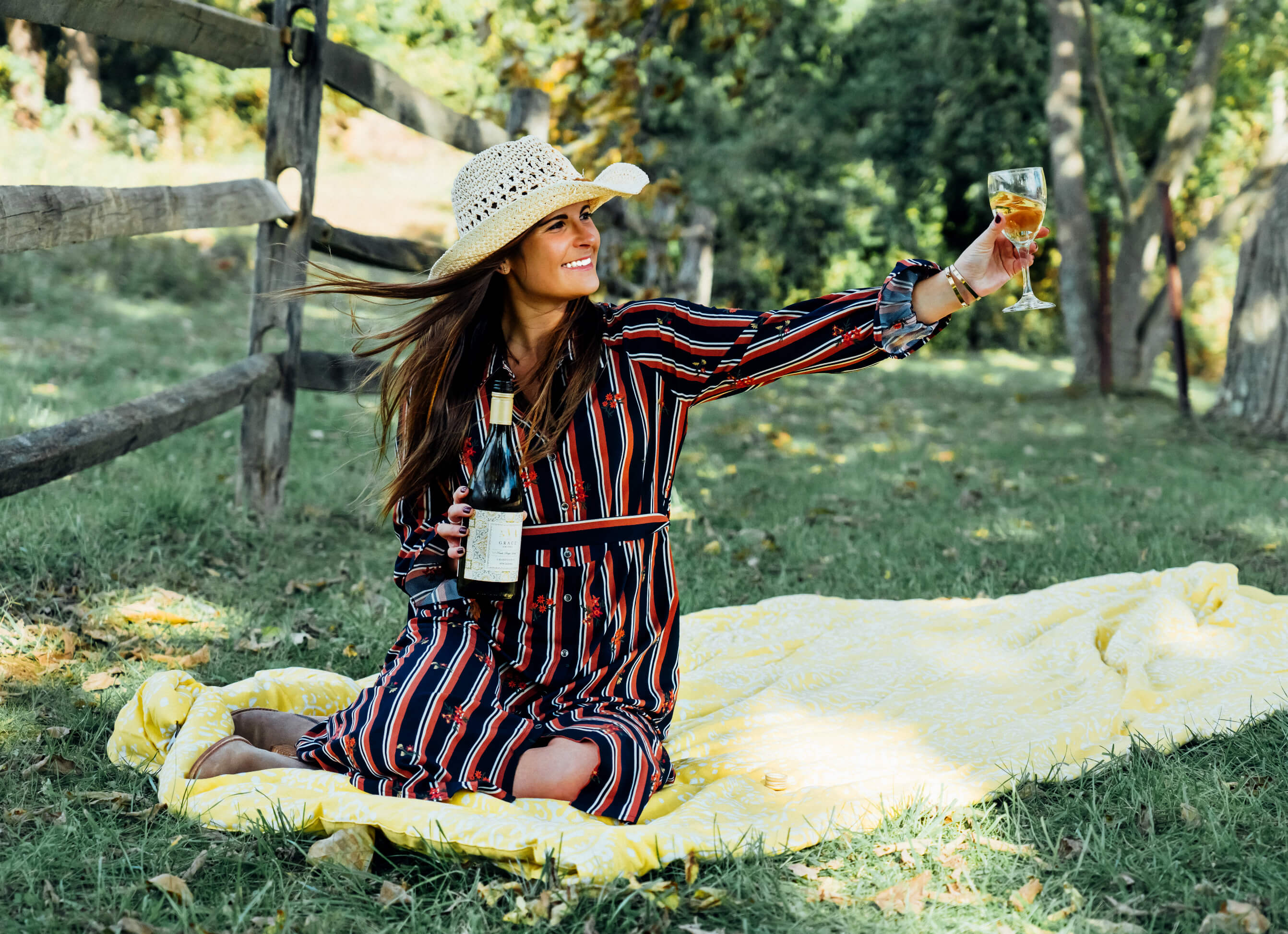 Miss Me Stripe Midi Shirtdress with Floral Embroidery, Straw Hat, Fall Dress Outfit Idea, AVA Grace Vineyards Chardonnay, Tilden of To Be Bright