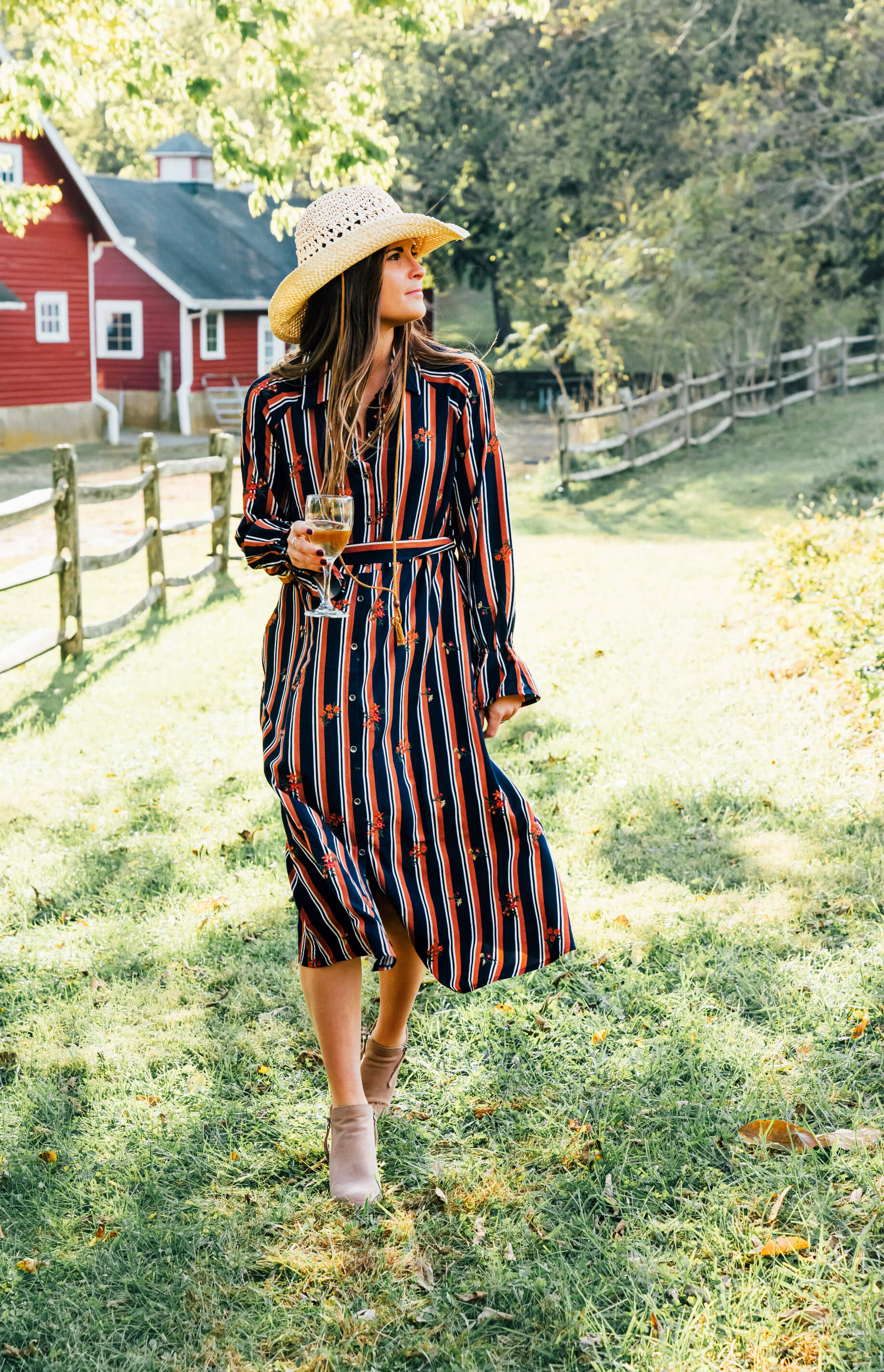 Miss Me Stripe Midi Shirtdress with Floral Embroidery, Straw Hat, Fall Dress Outfit Idea, Tilden of To Be Bright