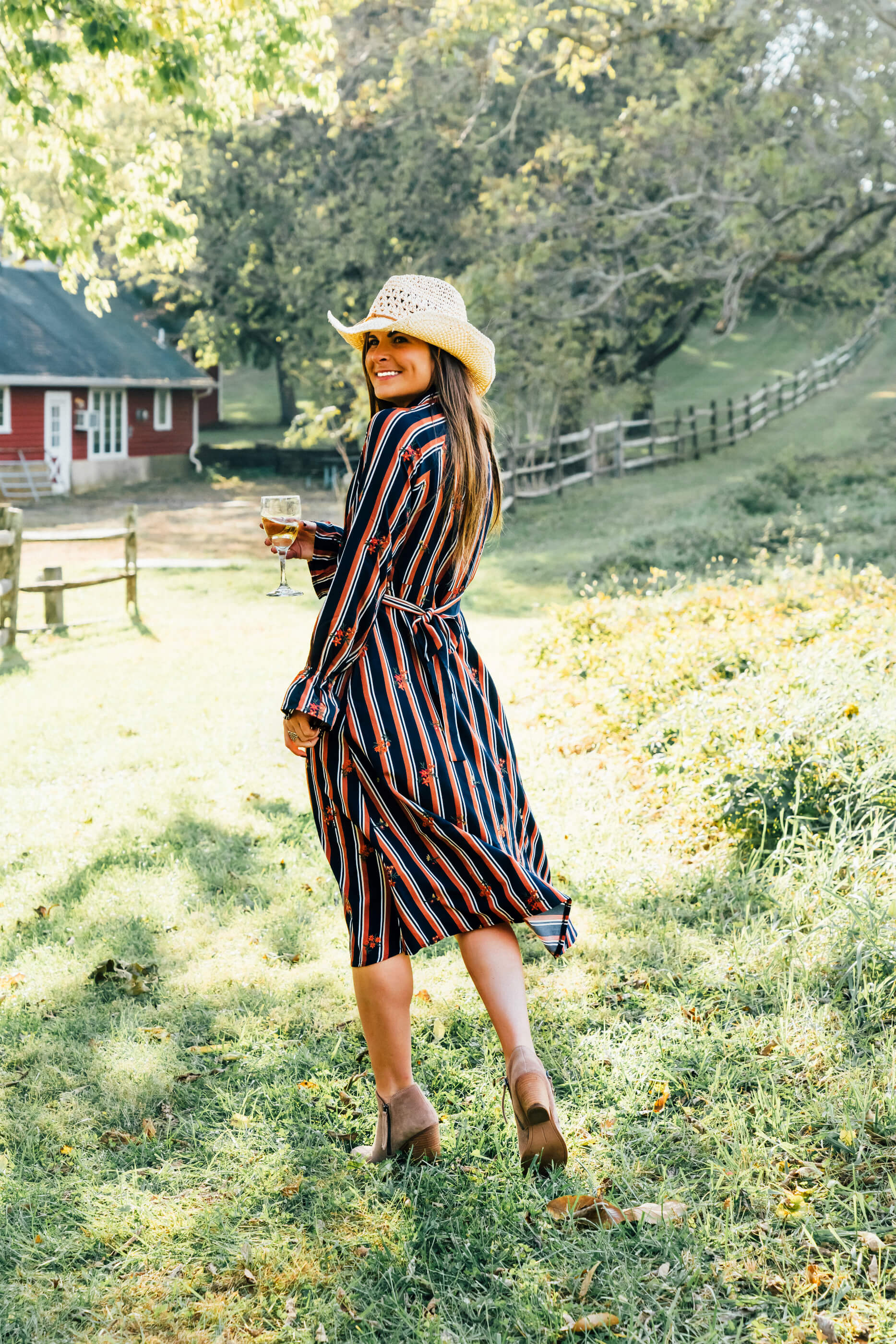 Miss Me Stripe Midi Shirtdress with Floral Embroidery, Straw Hat, Fall Dress Outfit Idea, Tilden of To Be Bright