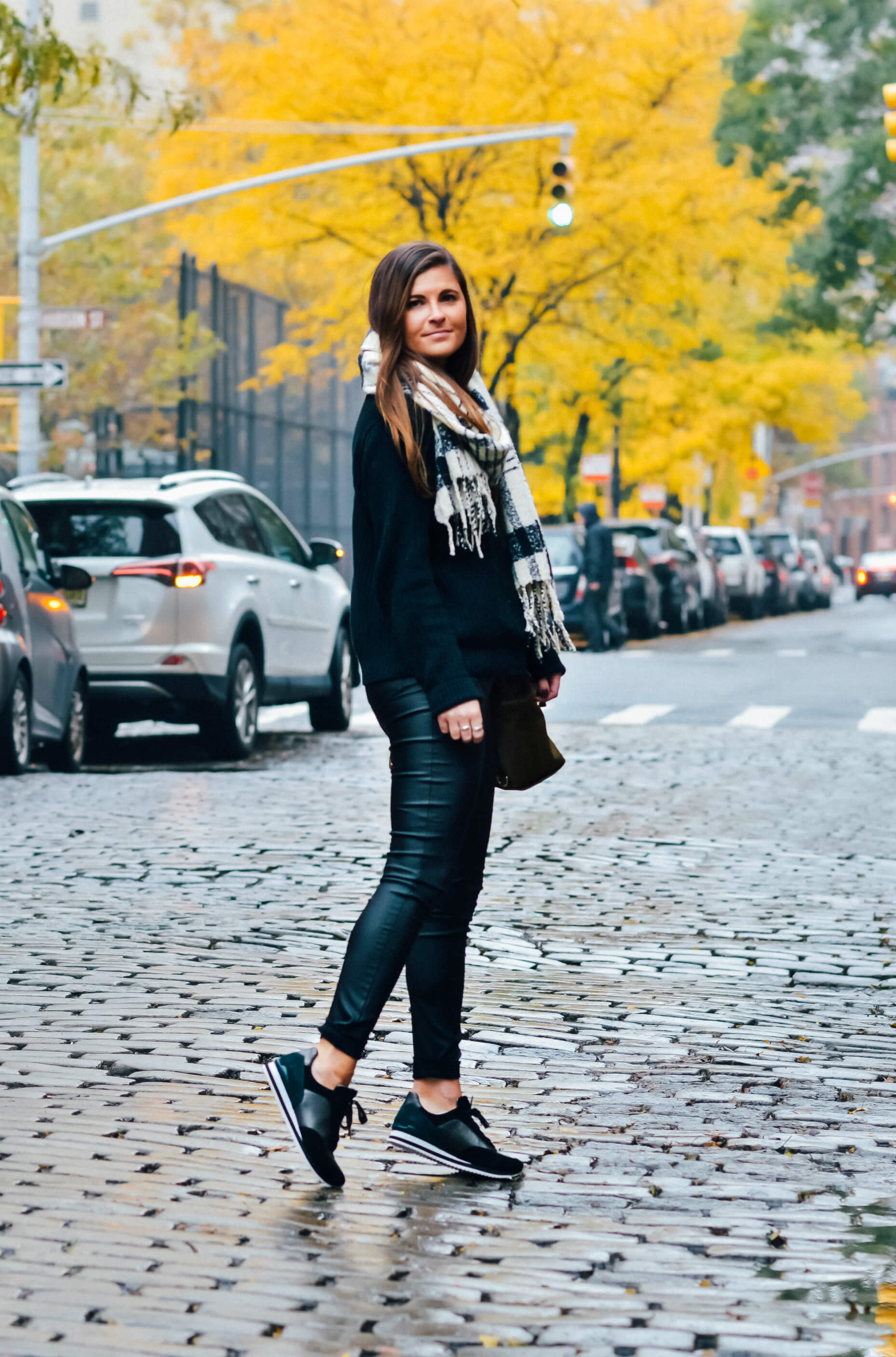 Coated Skinny Pants, Black Monochromatic Fall Outfit, Tilden of To Be Bright