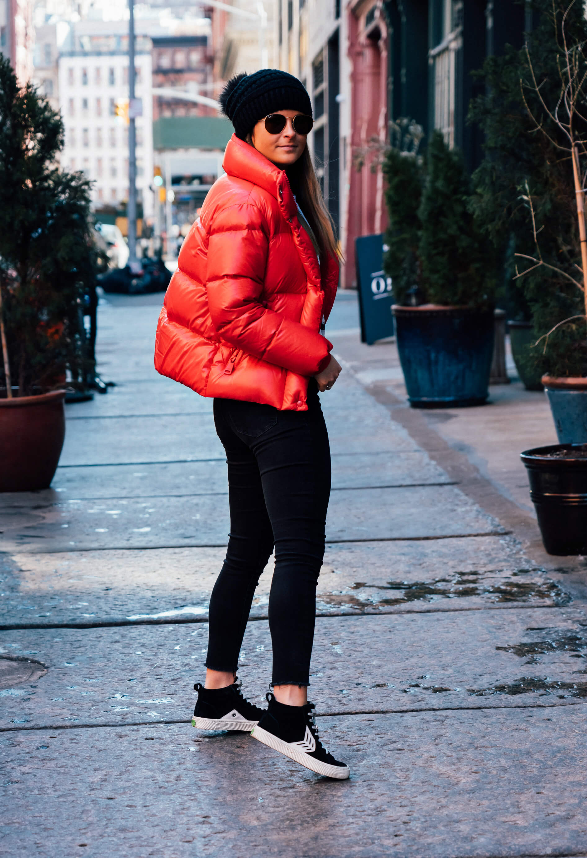 red puffer coat outfit