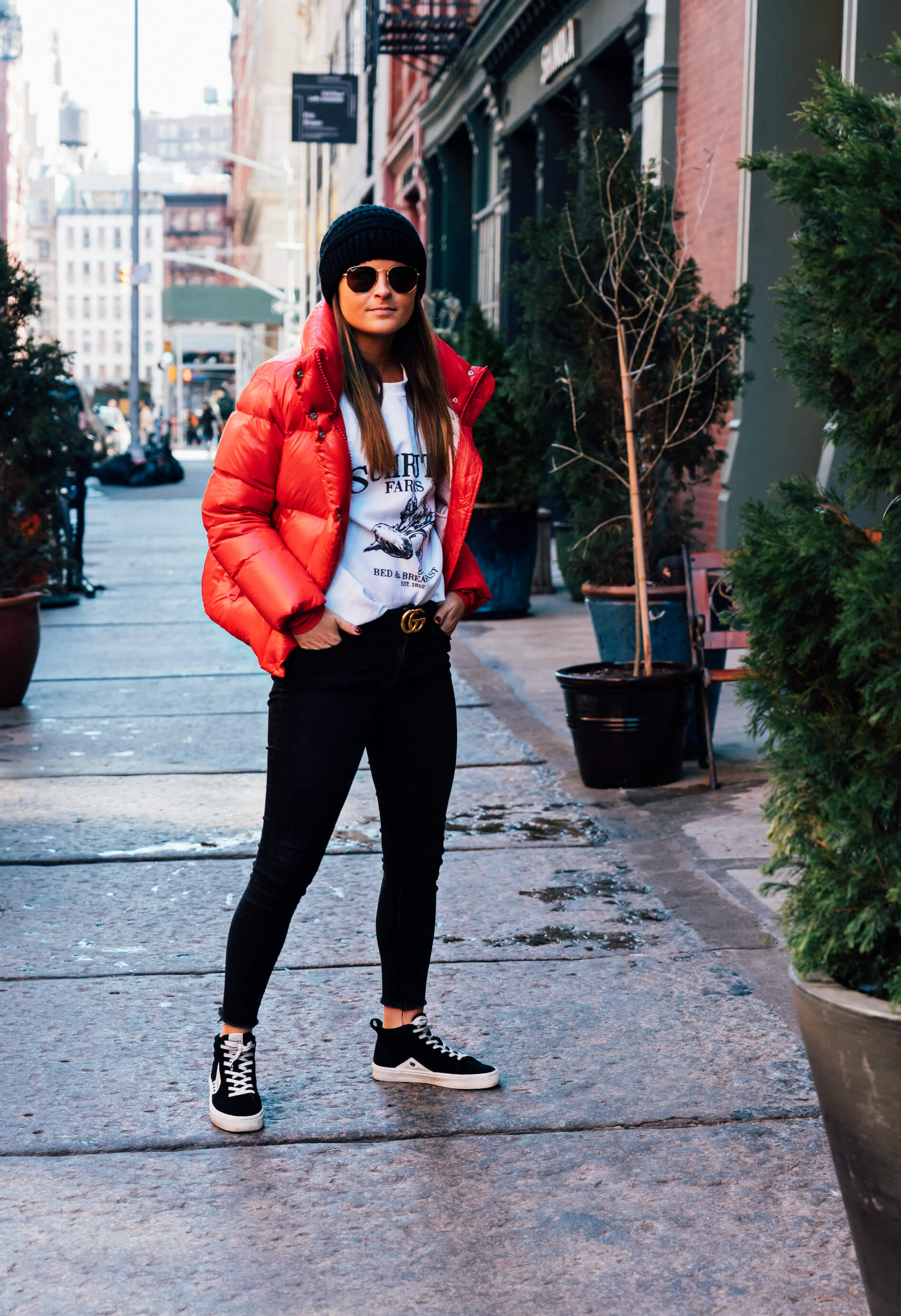 How To Style A Red Puffer Coat: Daytime Casual