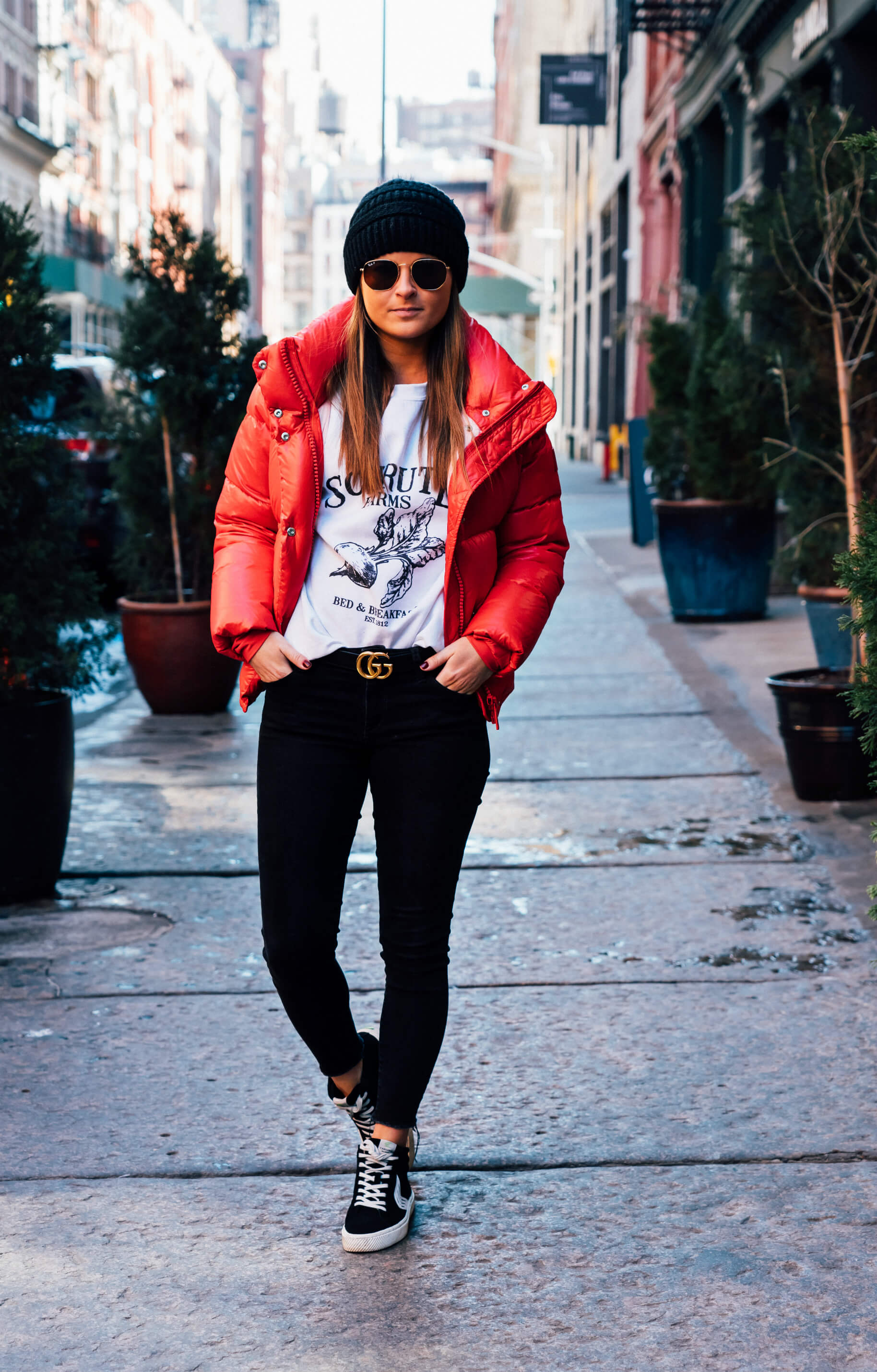 How To Style A Red Puffer Coat: Daytime Casual