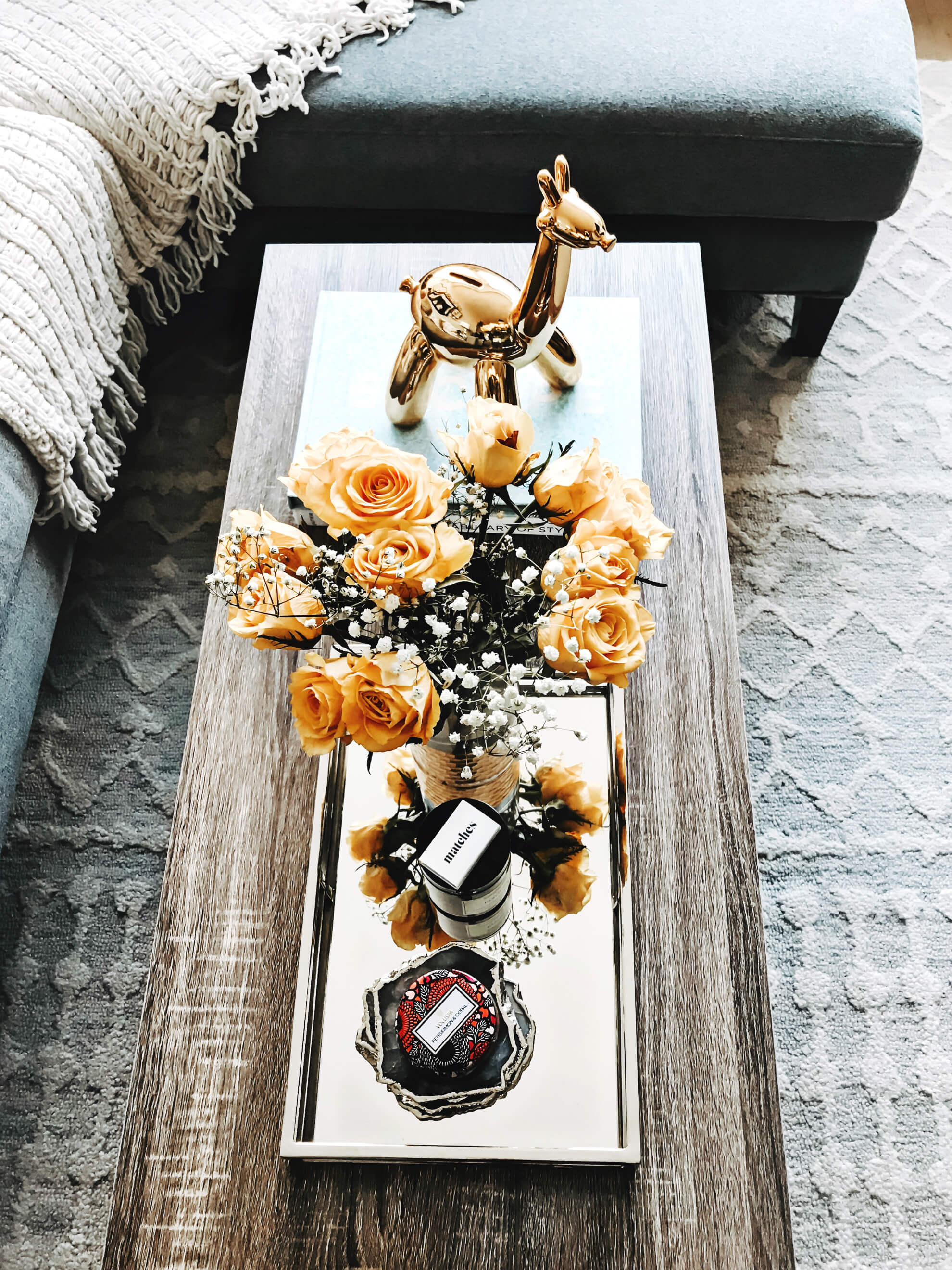 Simple Steps to Creating an Instagram-Worthy Coffee Table Display, Coffee Table Display Ideas, Apartment Living Room Coffee Table Display Ideas, Yellow Flowers, Silver Serving Tray Display, Wayfair Omar Lift Top Coffee Table, Tilden of To Be Bright