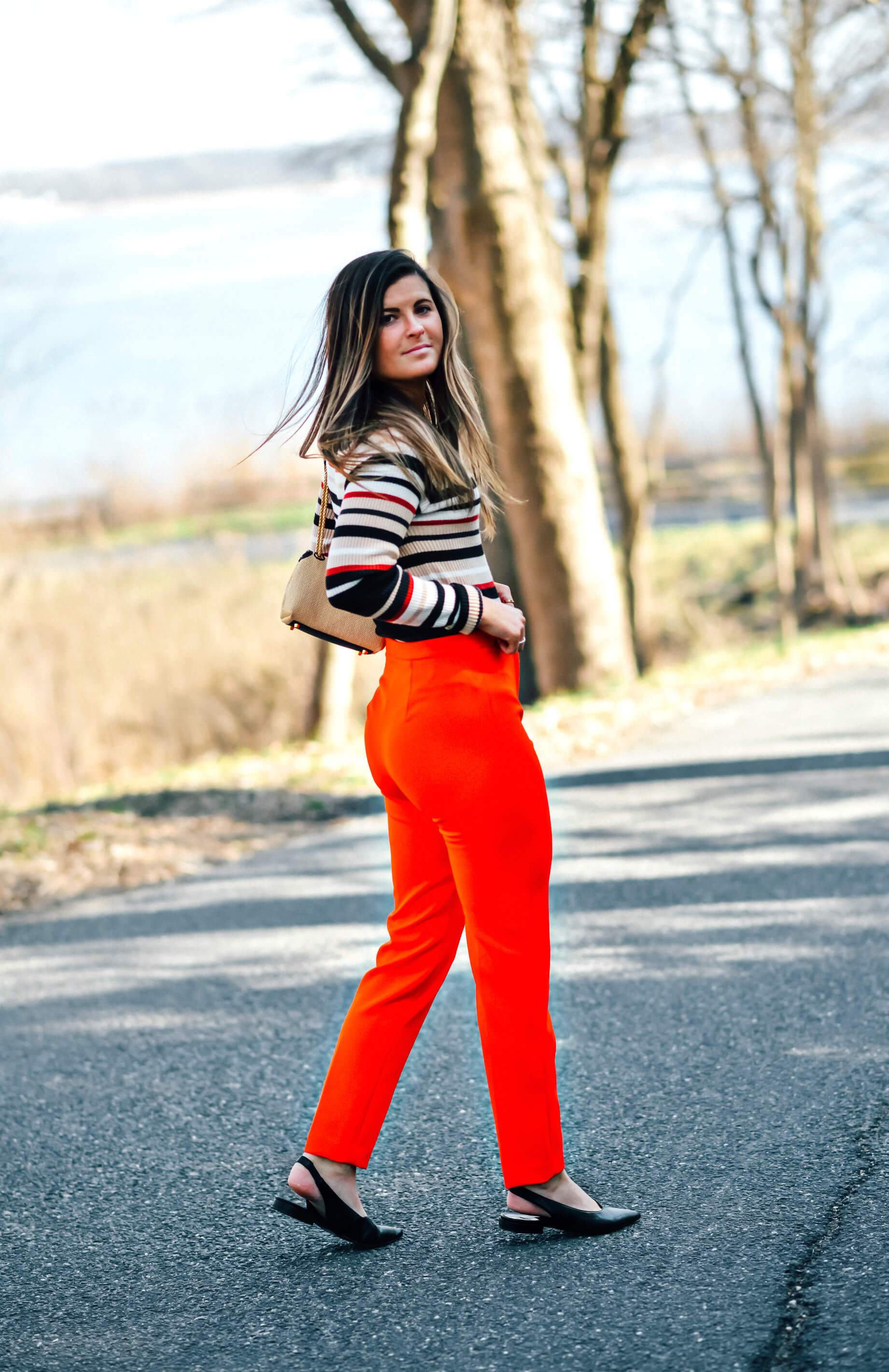 Milly Skinny High Waisted Red Pant, Striped Knit Sweater Top, Sam Edelman Black Slingback Flats, Business Casual Outfit, Spring Business Casual Outfit, Pop of Color Work Outfit, Tilden of To Be Bright