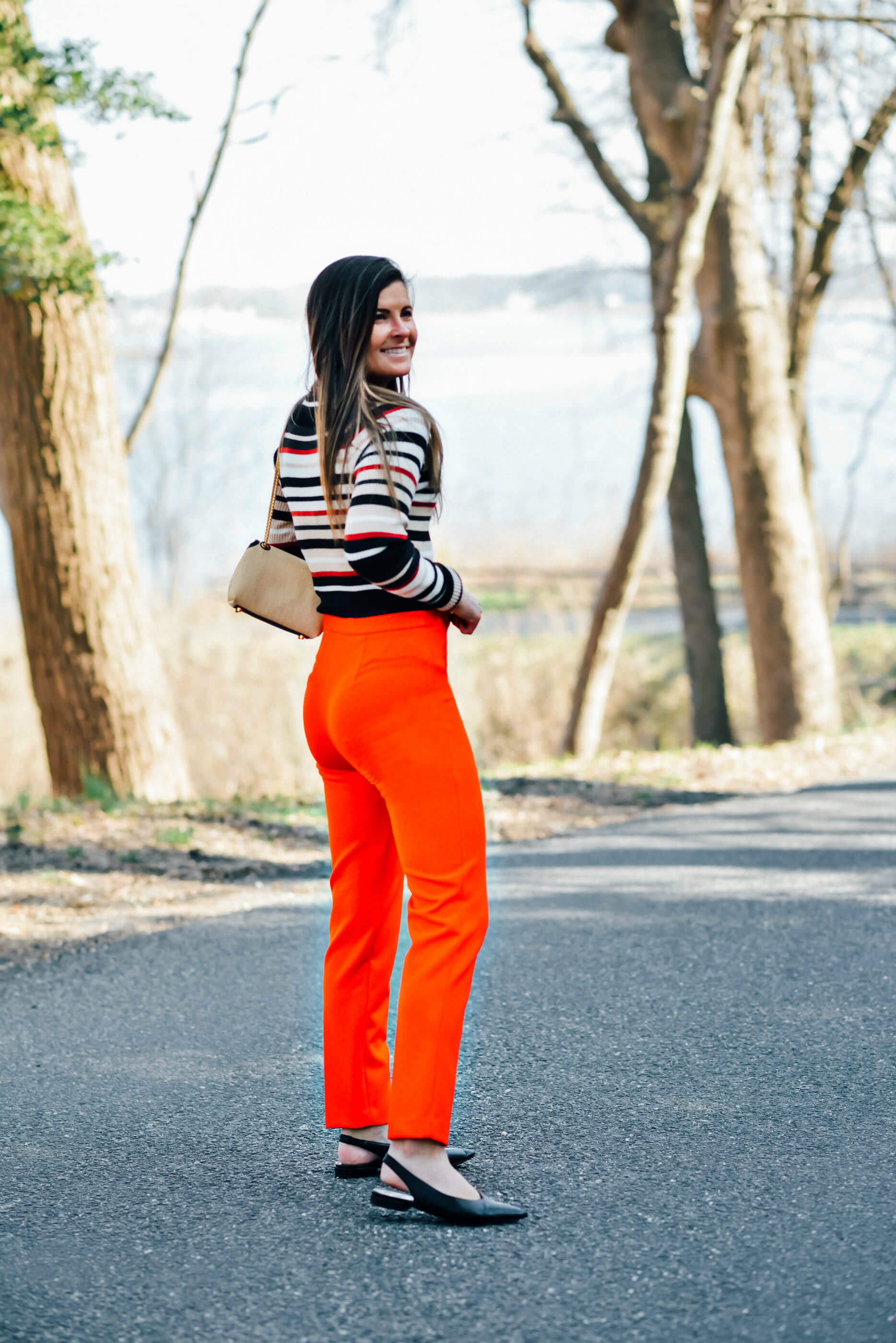 Milly Skinny High Waisted Red Pant, Striped Knit Sweater Top, Sam Edelman Black Slingback Flats, Business Casual Outfit, Spring Business Casual Outfit, Pop of Color Work Outfit, Tilden of To Be Bright